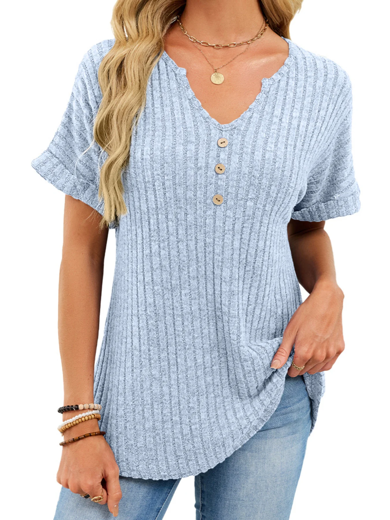 Ribbed Knit Short Sleeve T-Shirt - Image 26