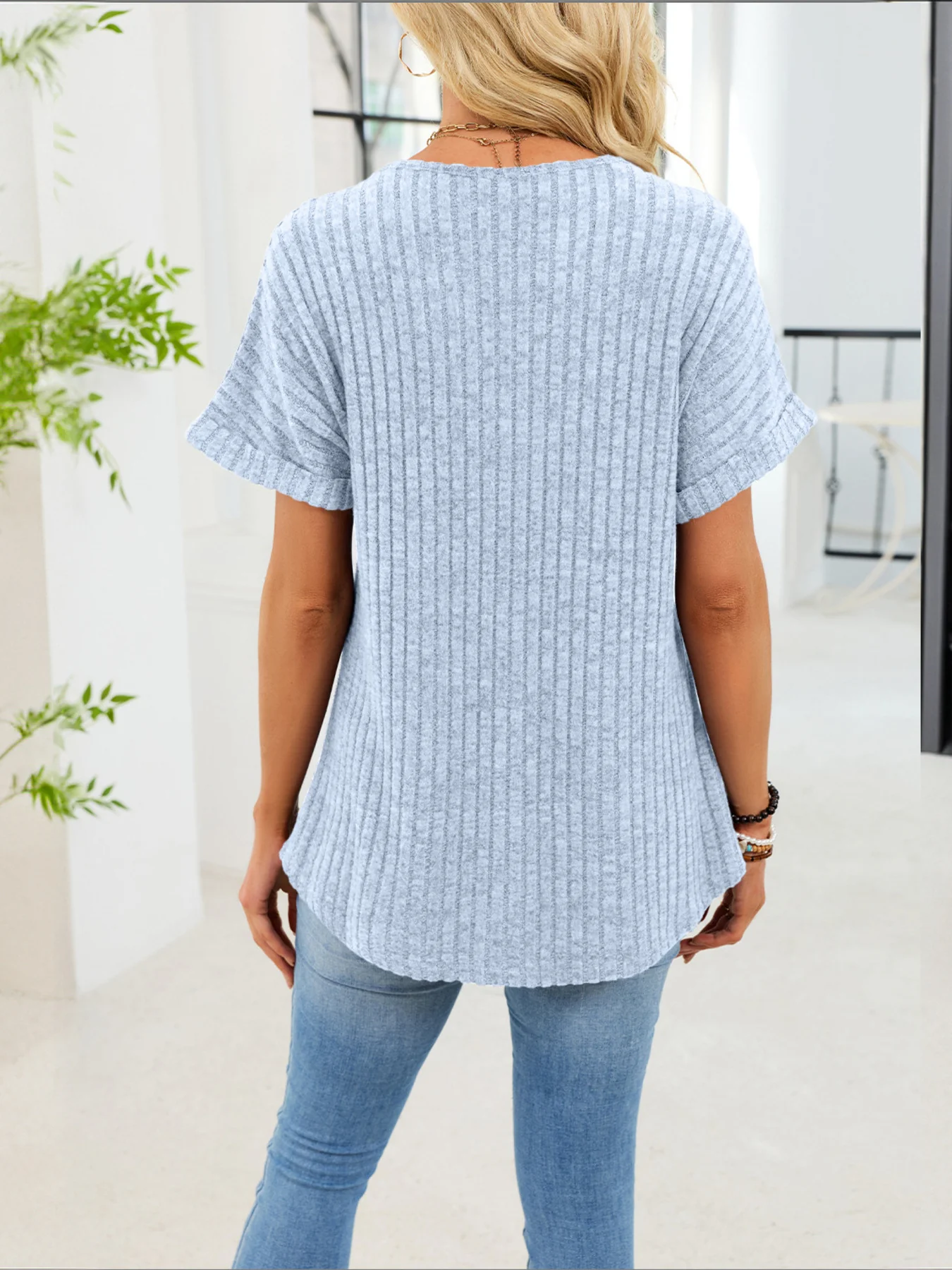 Ribbed Knit Short Sleeve T-Shirt - Image 31