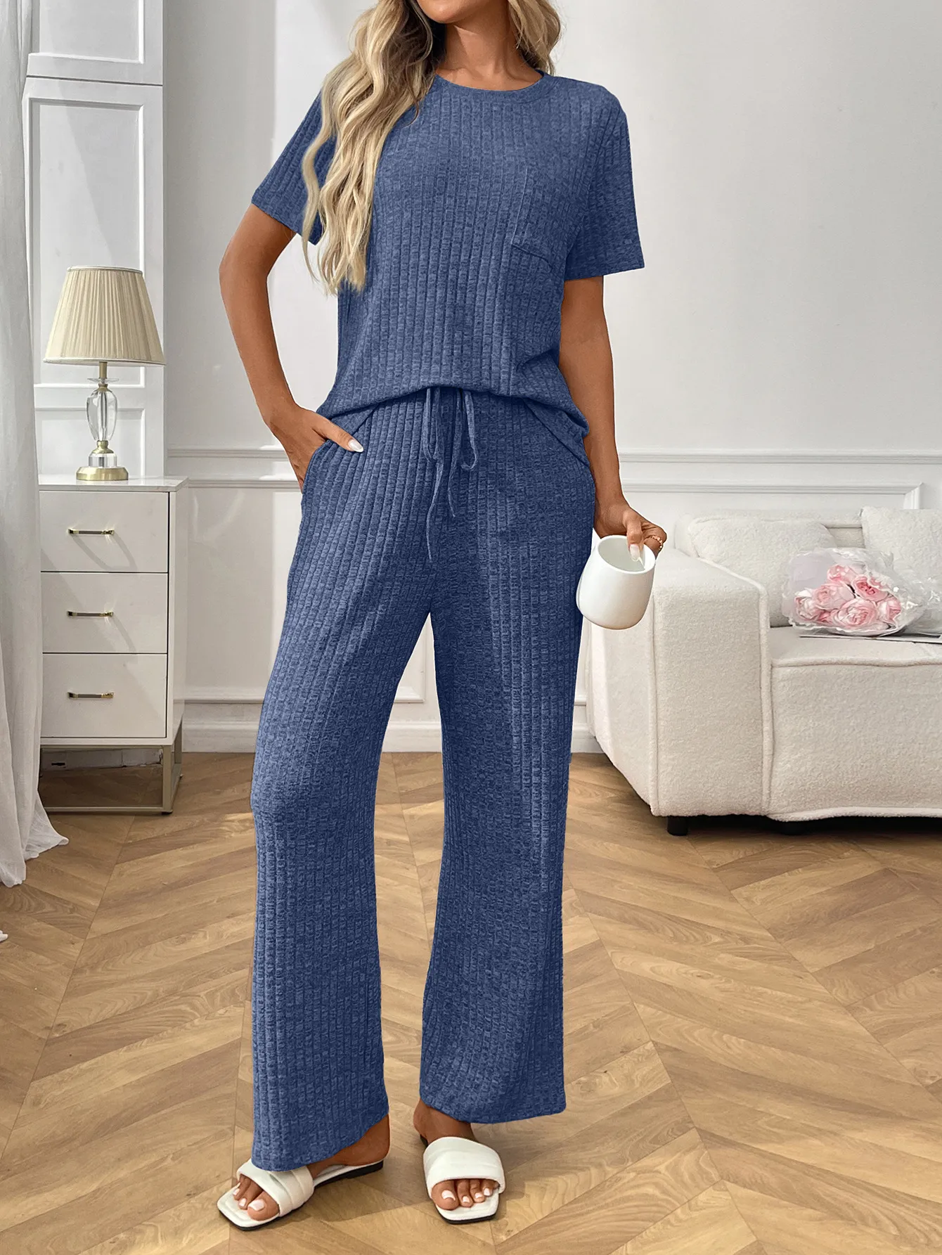 Ribbed Knit Short Sleeve Top and Pants Lounge Set - Image 16
