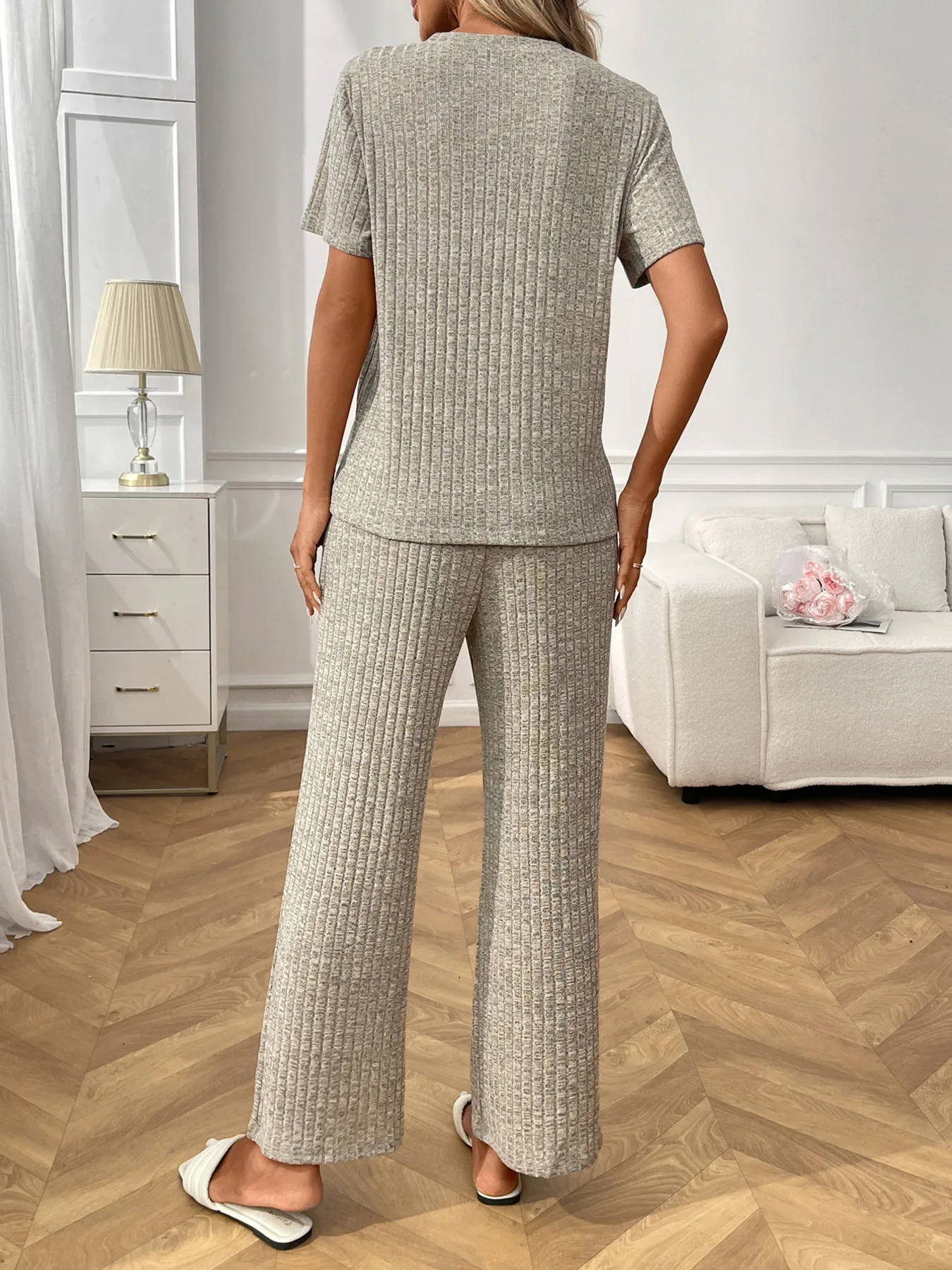Ribbed Knit Short Sleeve Top and Pants Lounge Set - Image 4