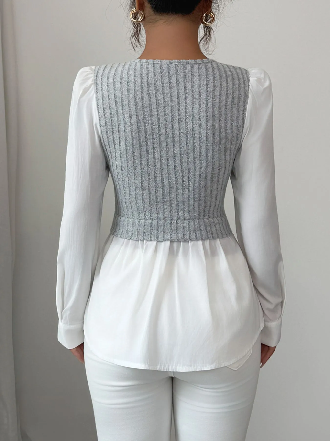Ribbed Knit Splicing Contrast Long Sleeve Blouse - Image 3