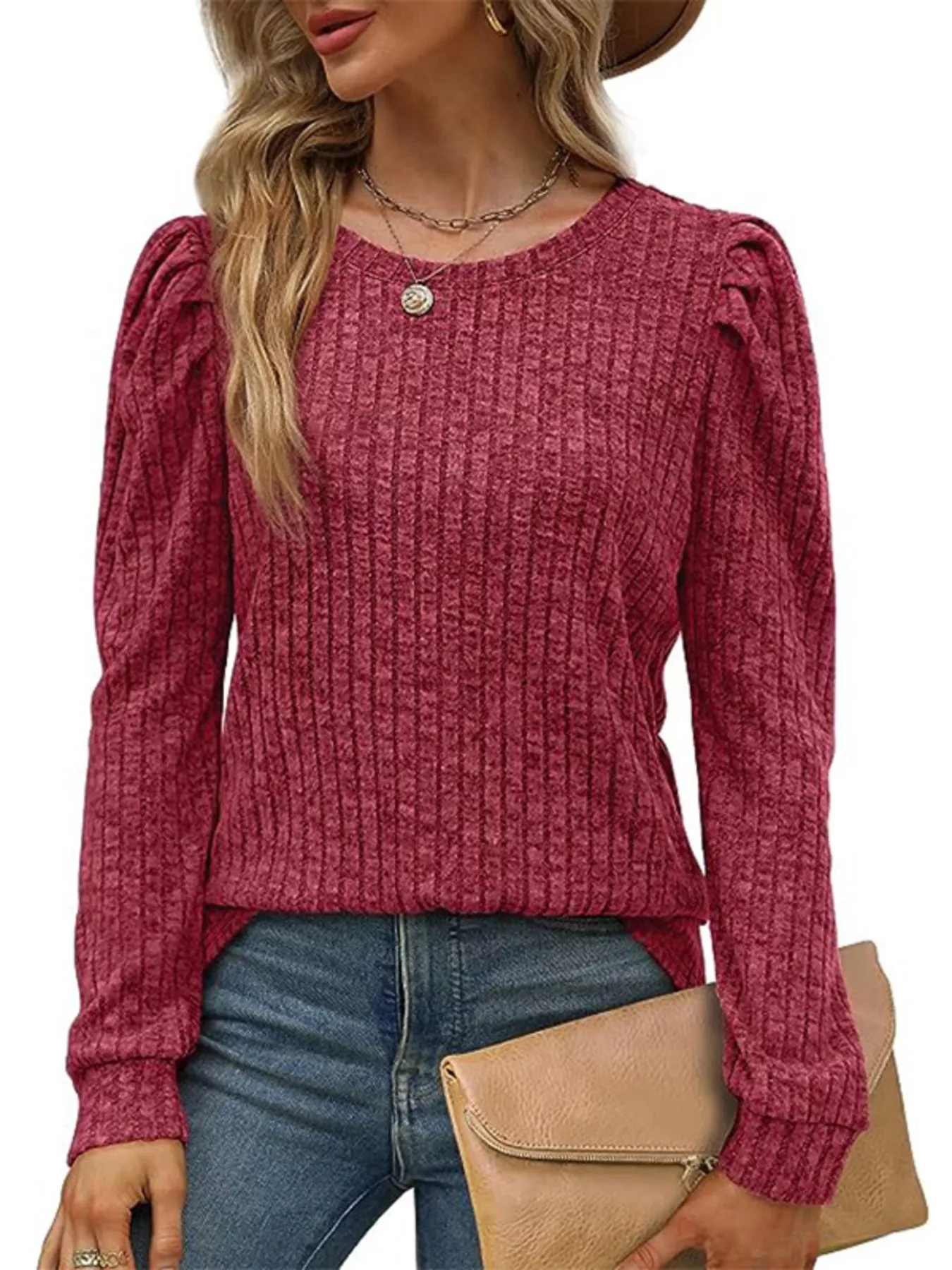 Ribbed Knit Top with Puff Sleeves - Image 2
