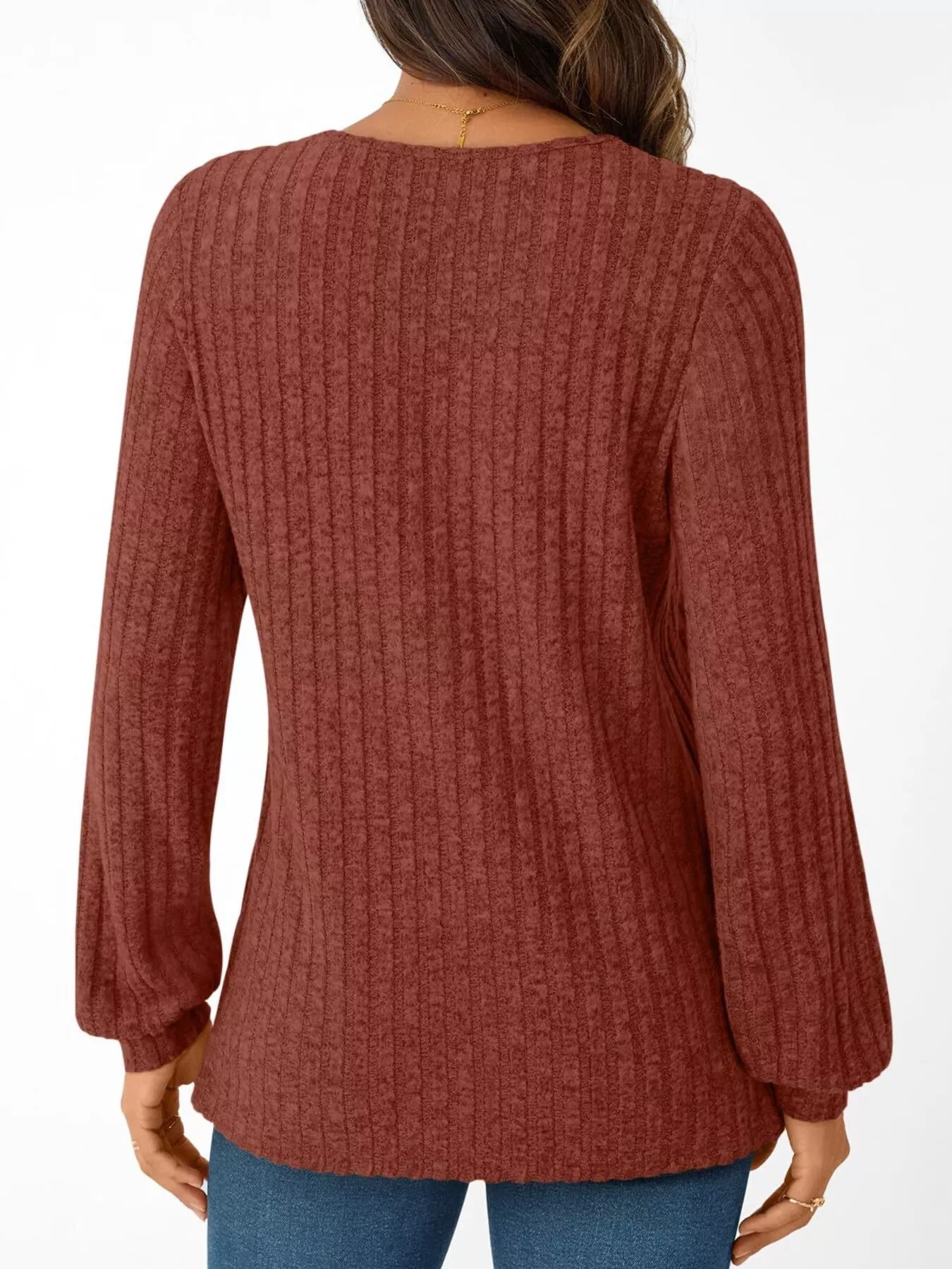 Ribbed Knit V-Neck Long Sleeve T-Shirt - Image 20
