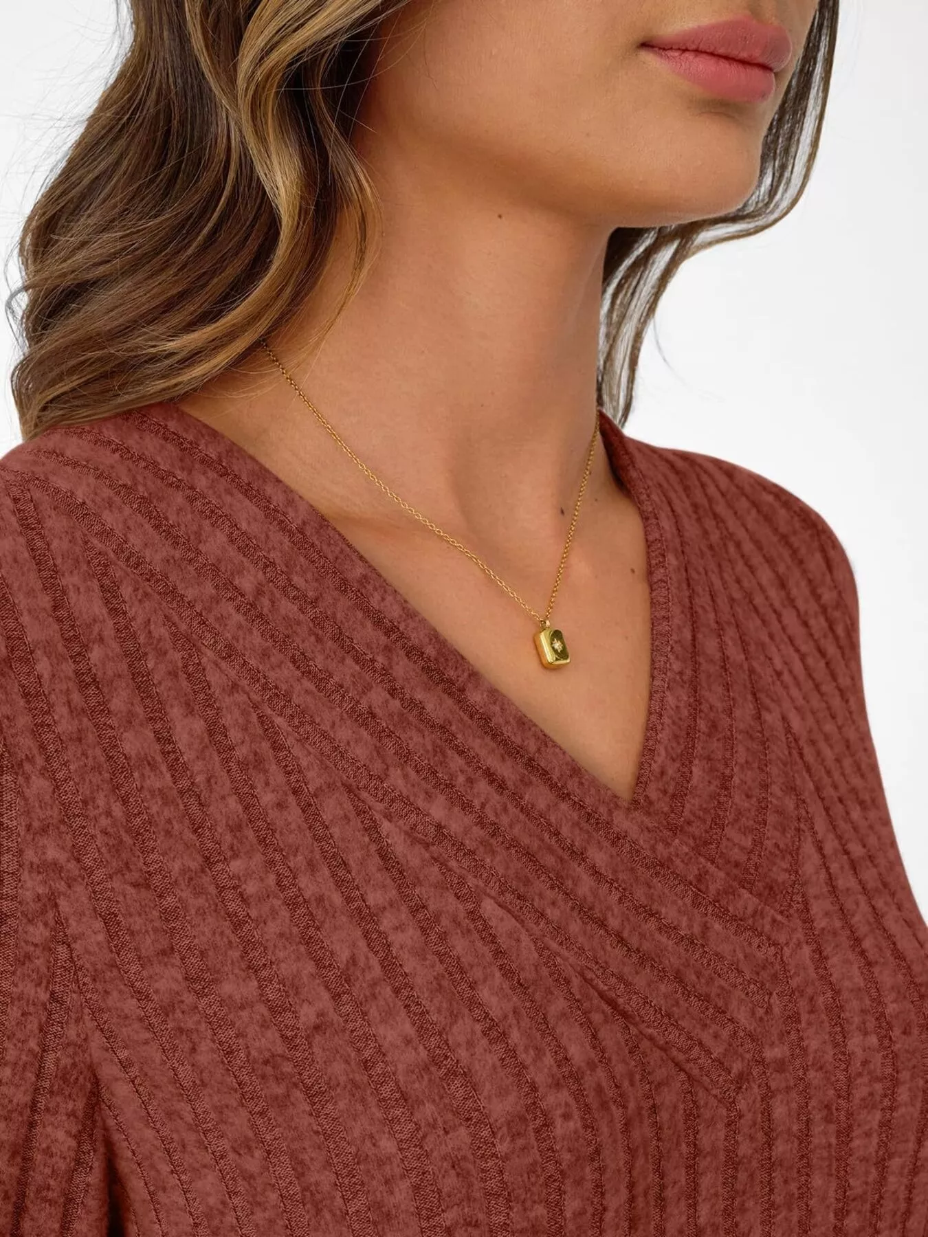 Ribbed Knit V-Neck Long Sleeve T-Shirt - Image 21