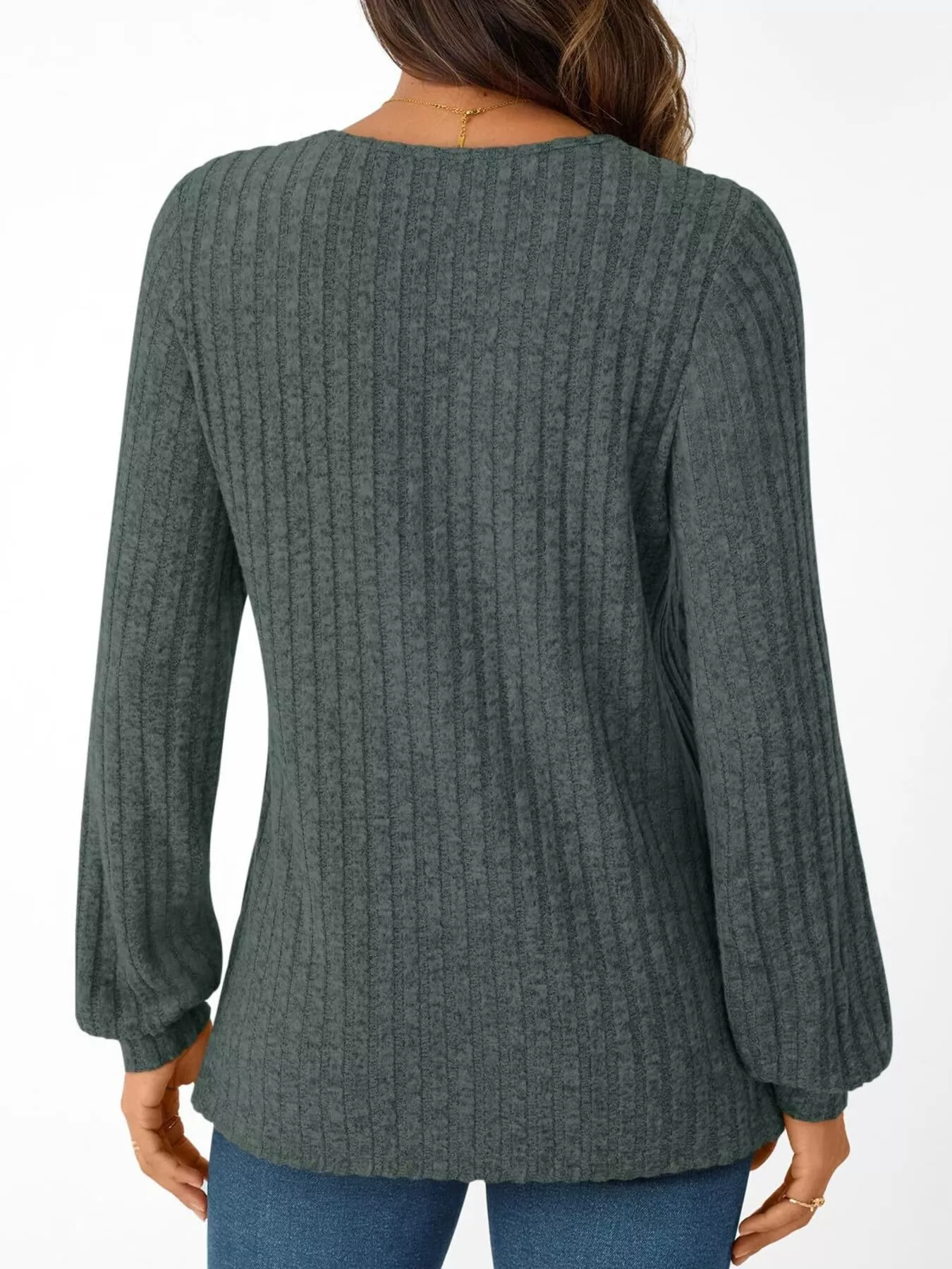 Ribbed Knit V-Neck Long Sleeve T-Shirt - Image 3