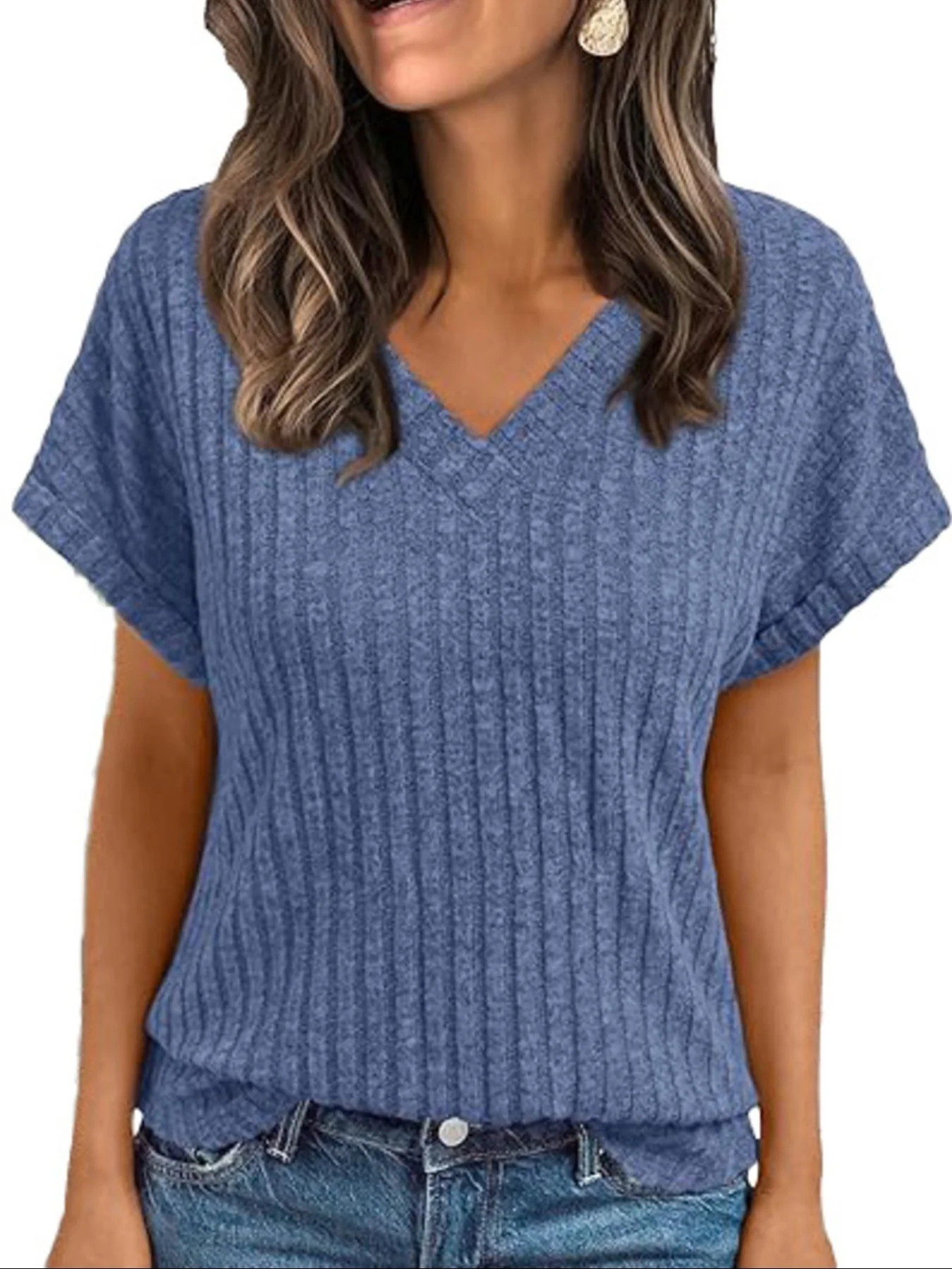 Ribbed Knit V-Neck Relaxed Fit T-Shirt - Image 19