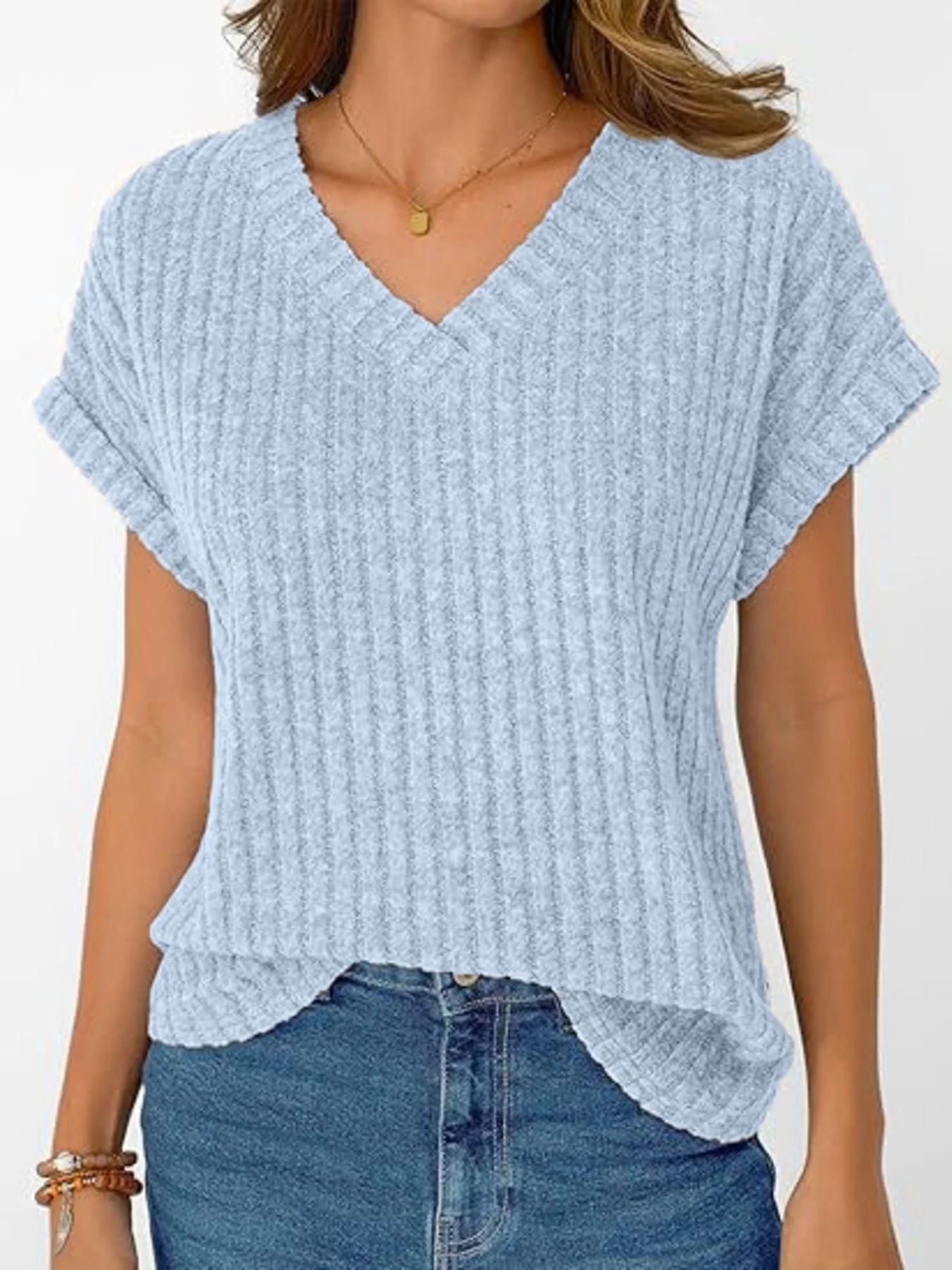 Ribbed Knit V-Neck Relaxed Fit T-Shirt - Image 7