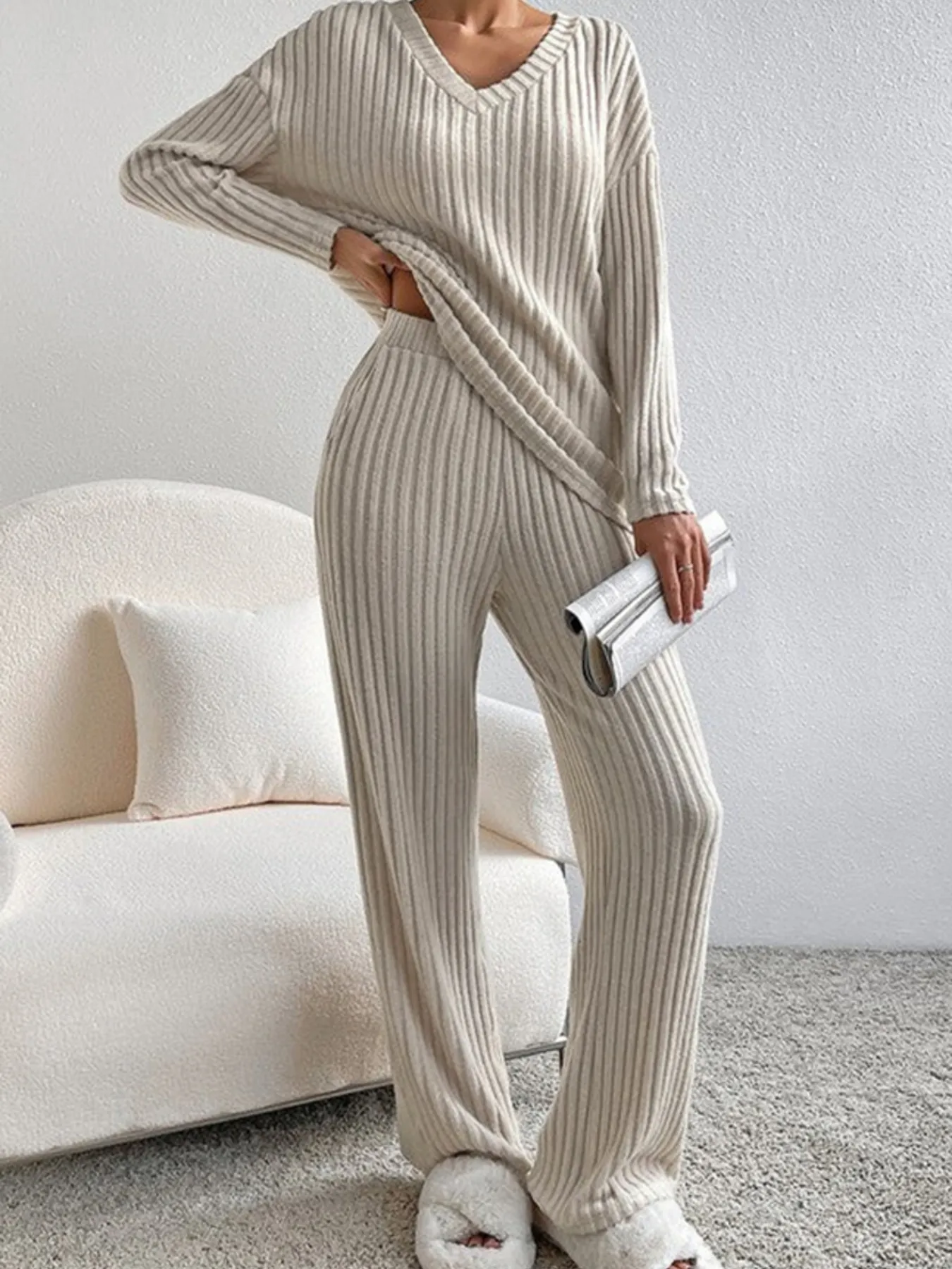 Ribbed Knit V-Neck Top and Pants Lounge Set - Image 3