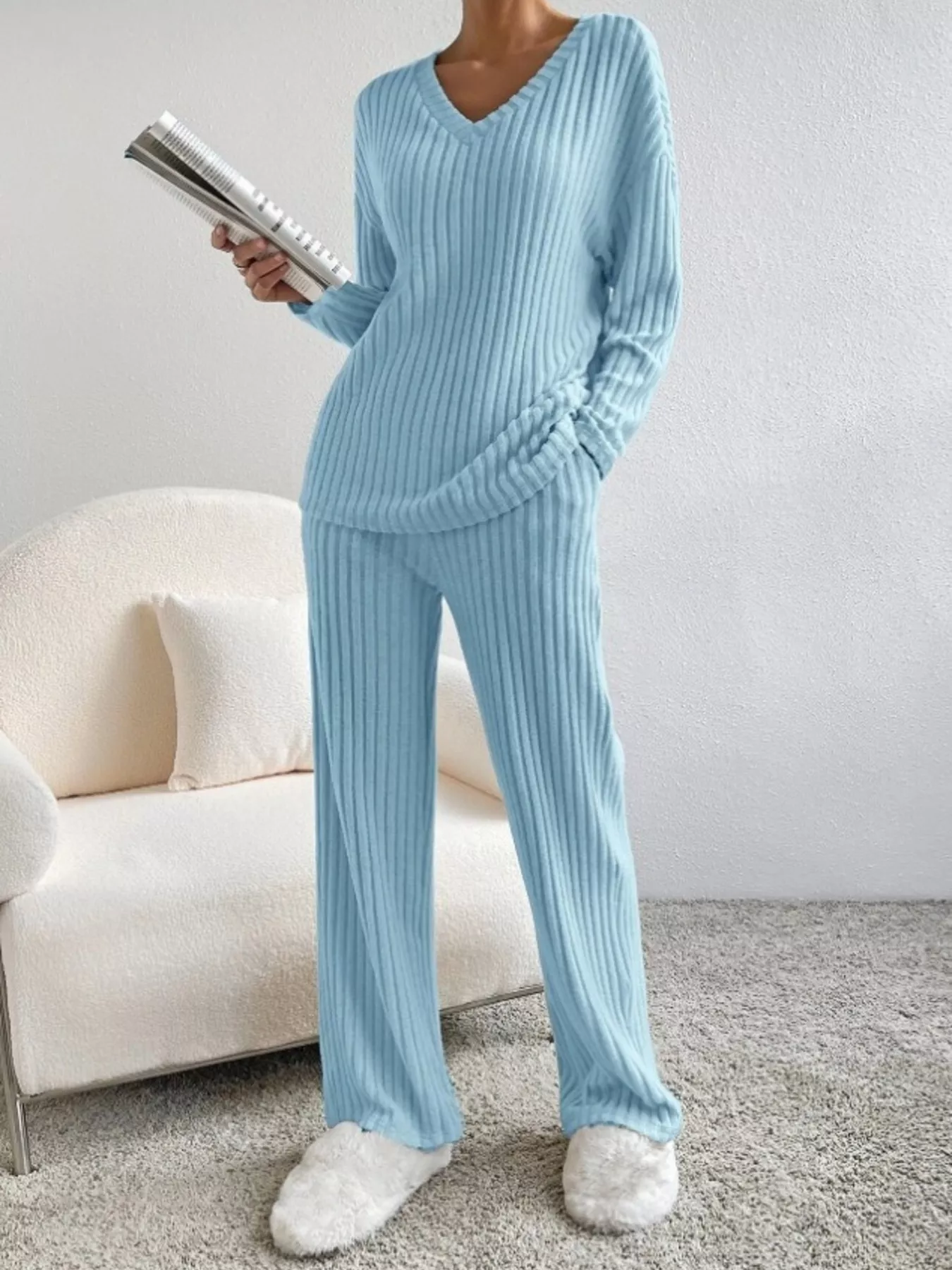Ribbed Knit V-Neck Top and Pants Set - Image 13