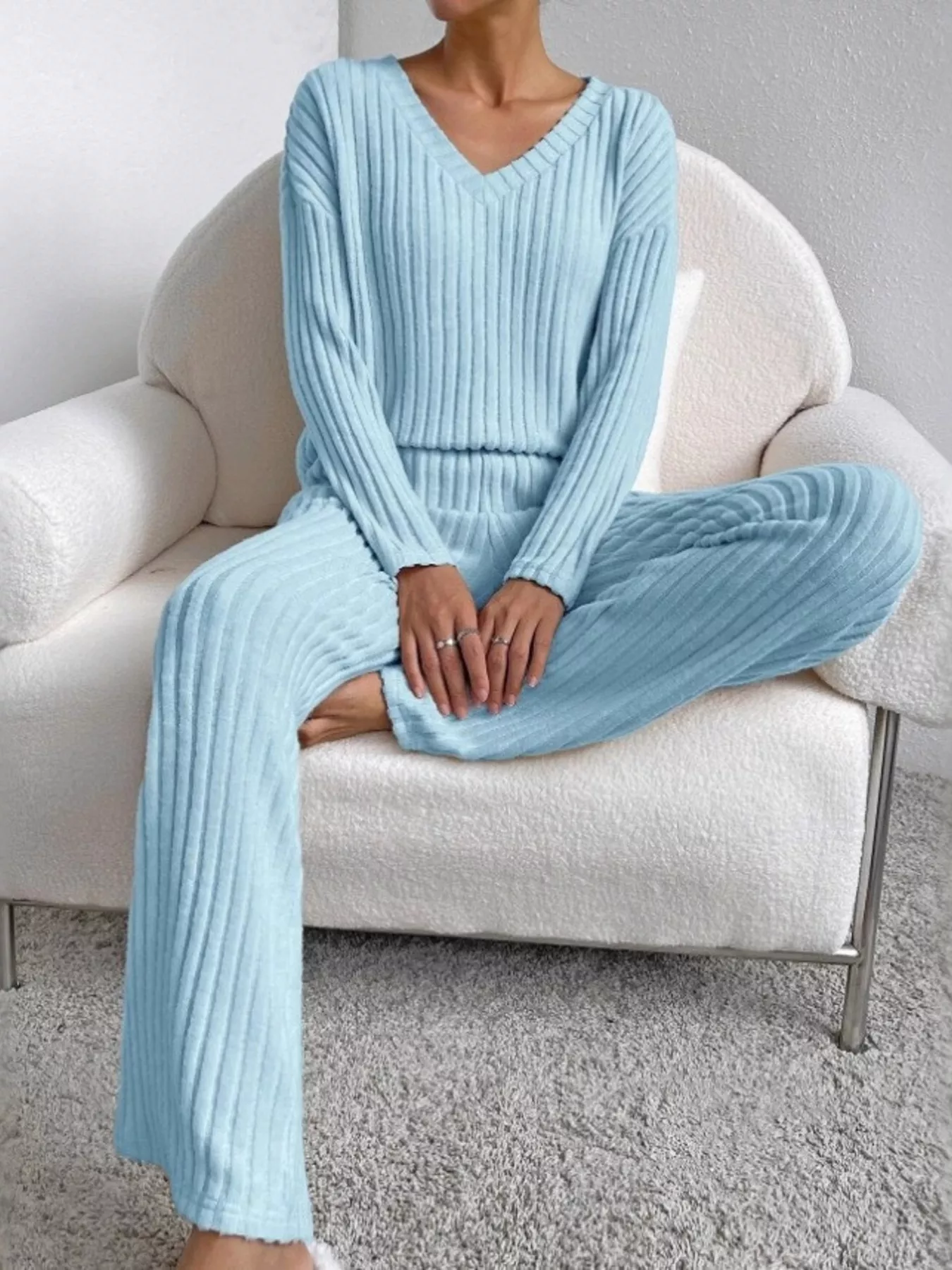 Ribbed Knit V-Neck Top and Pants Set - Image 15