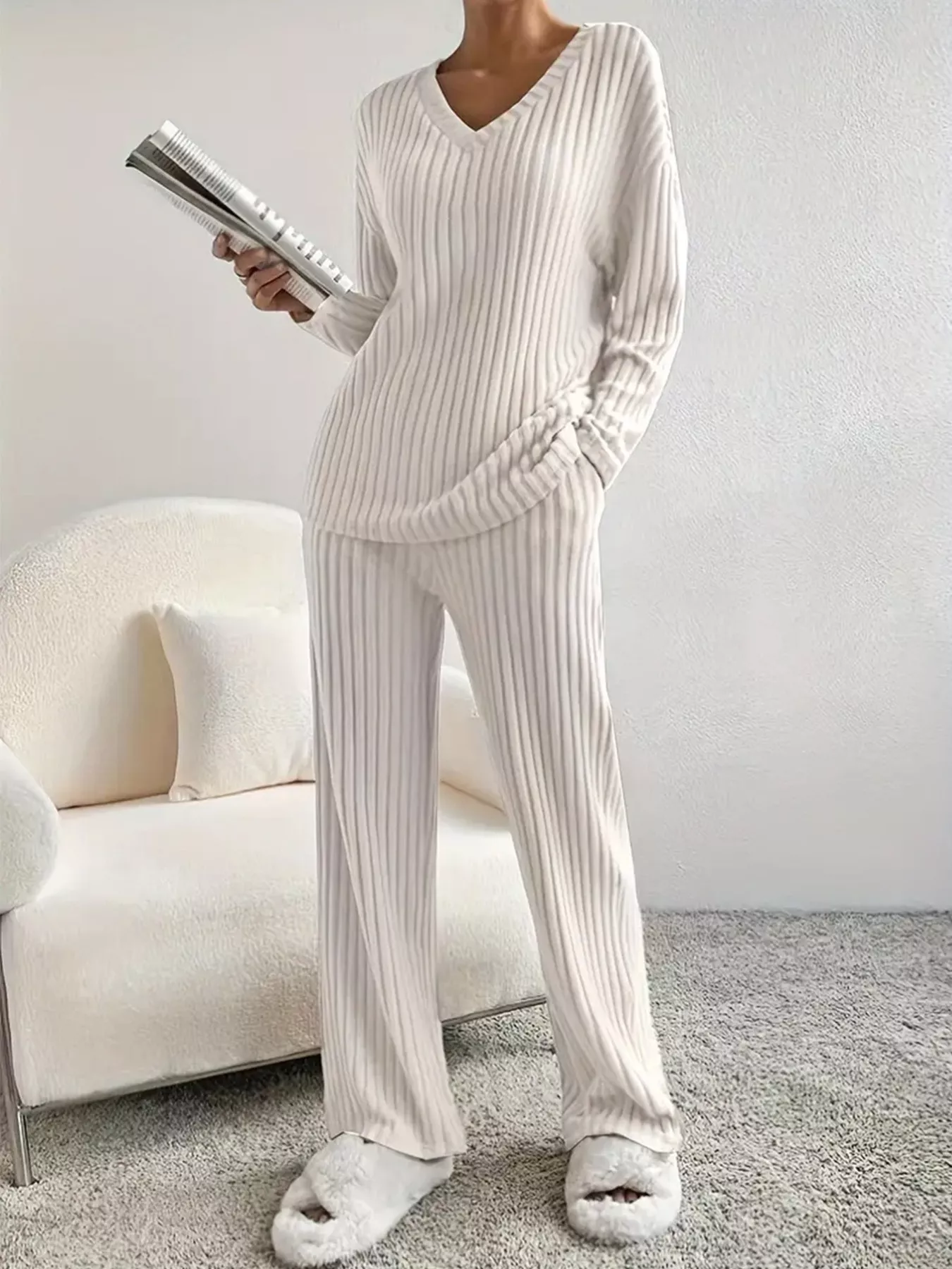 Ribbed Knit V-Neck Top and Pants Set - Image 3