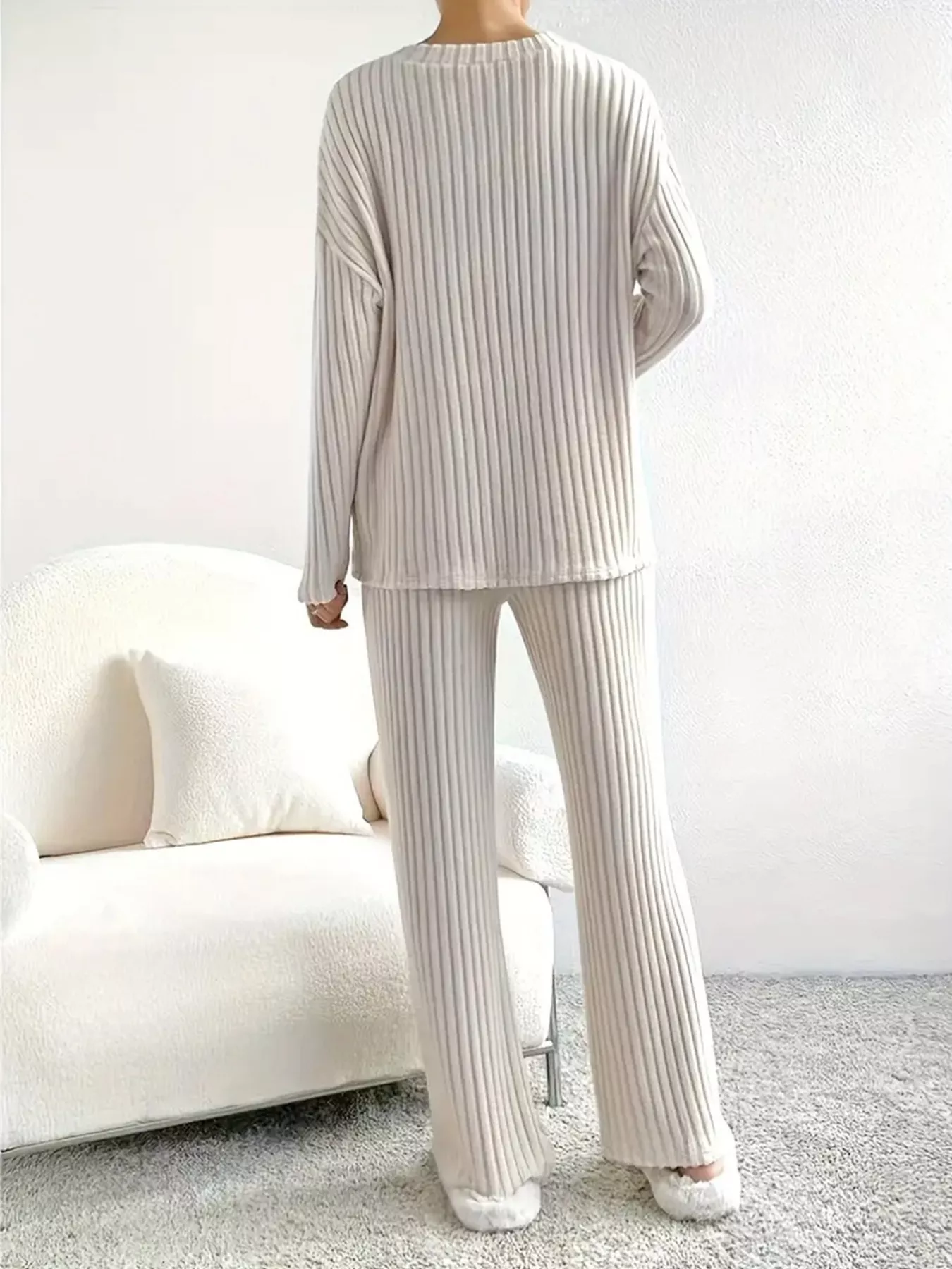 Ribbed Knit V-Neck Top and Pants Set - Image 4