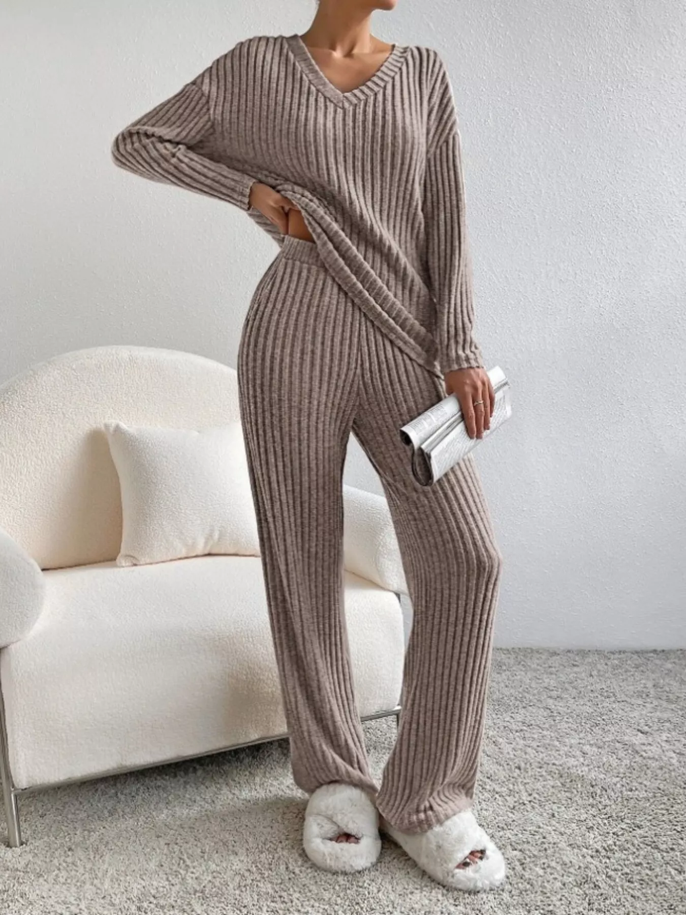 Ribbed Knit V-Neck Top and Pants Set - Image 7