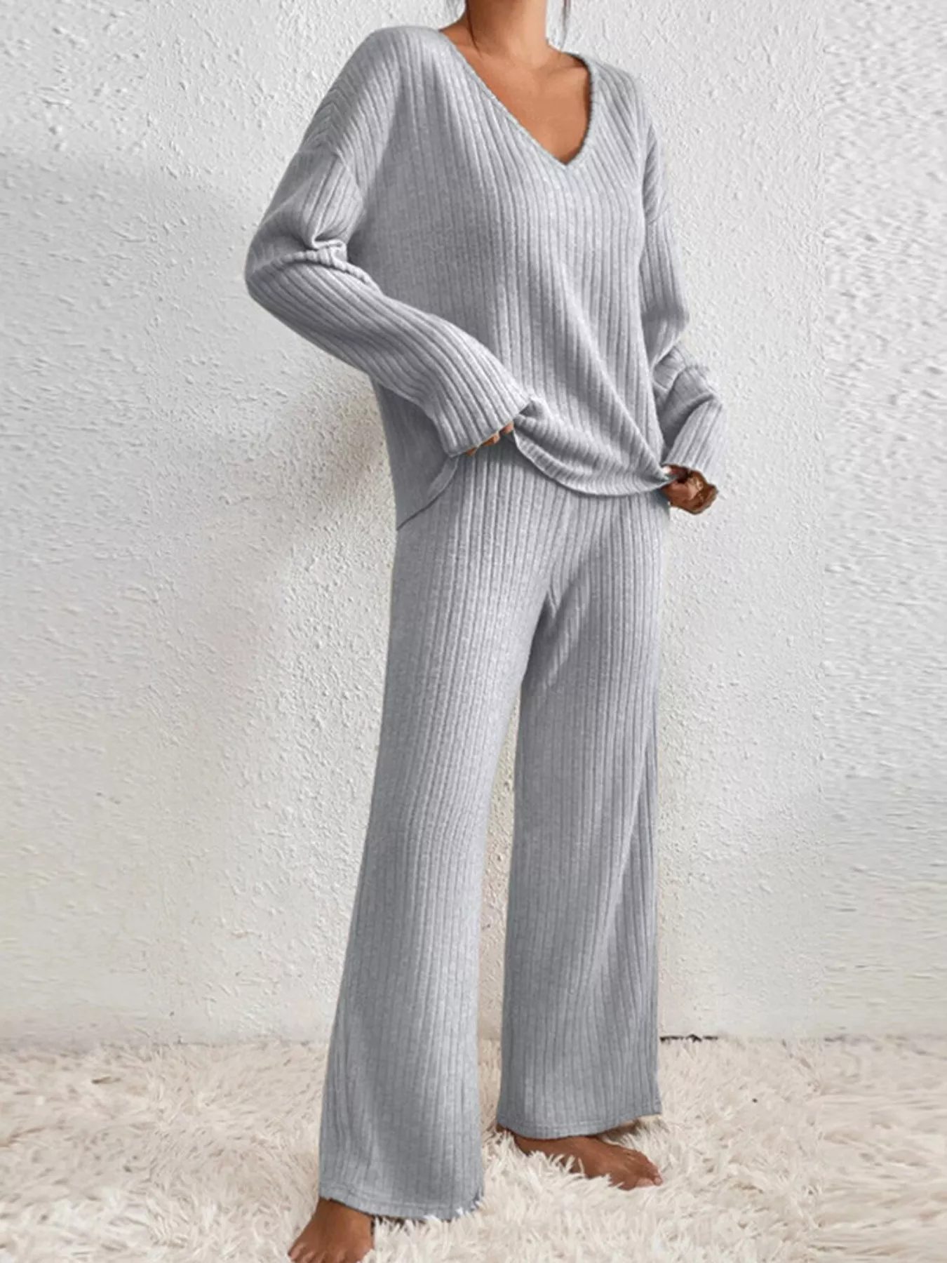 Ribbed Knit V-Neck Top and Pants Set - Image 15