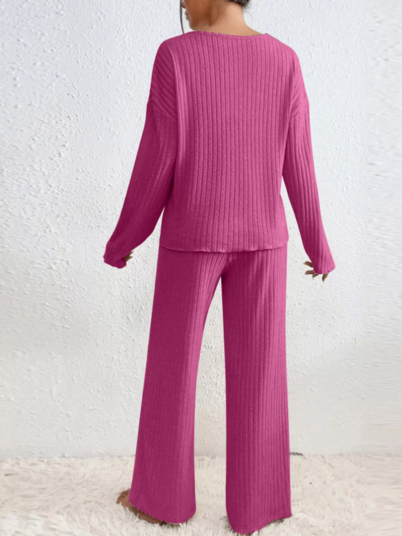 Ribbed Knit V-Neck Top and Pants Set - Image 2