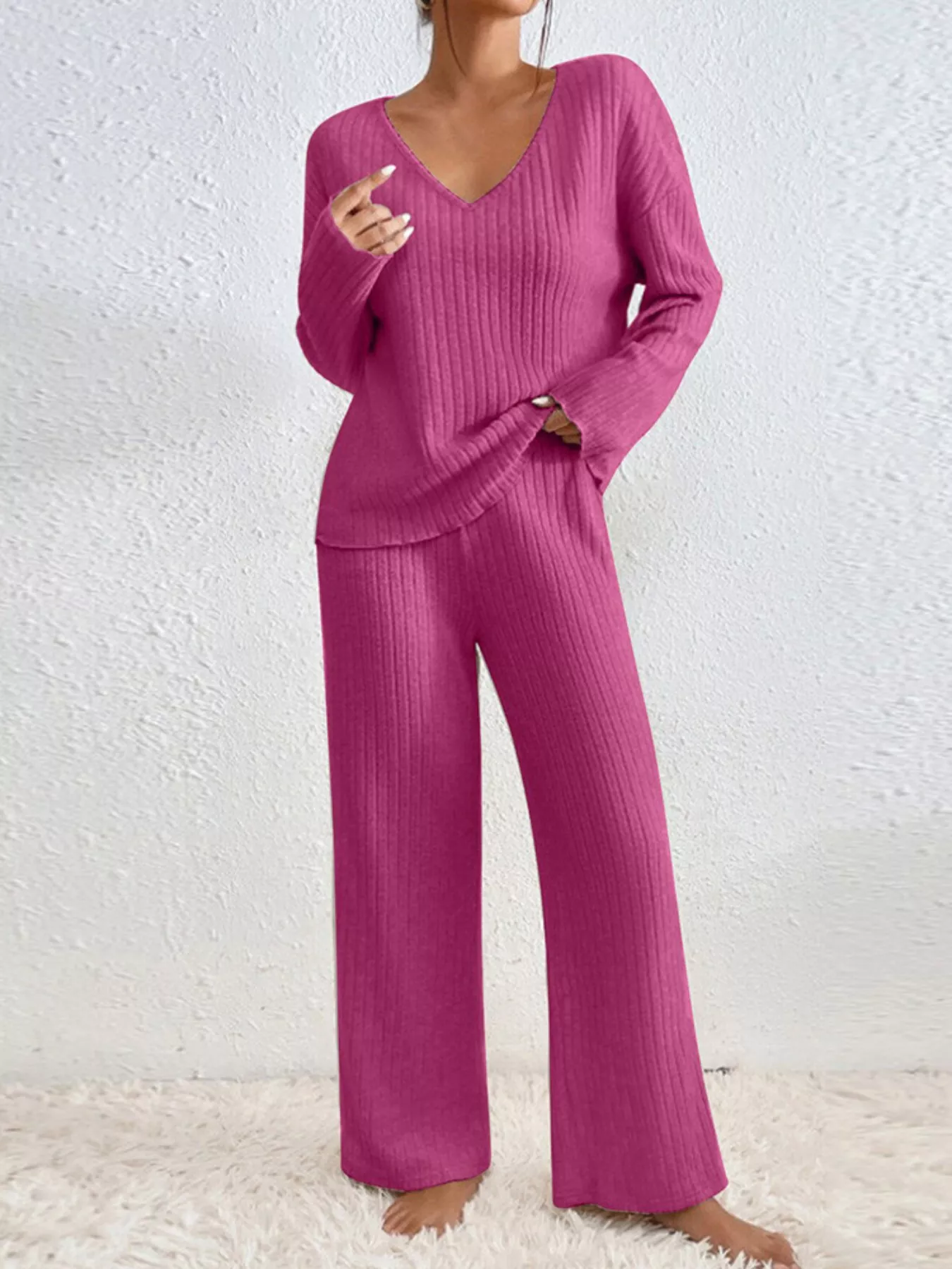 Ribbed Knit V-Neck Top and Pants Set - Image 3