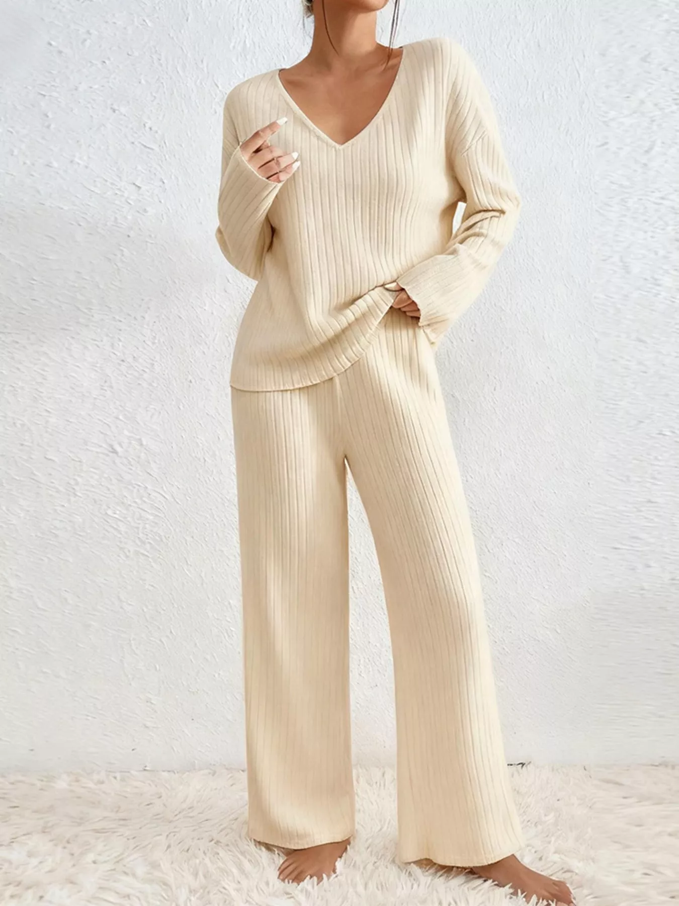 Ribbed Knit V-Neck Top and Pants Set - Image 4