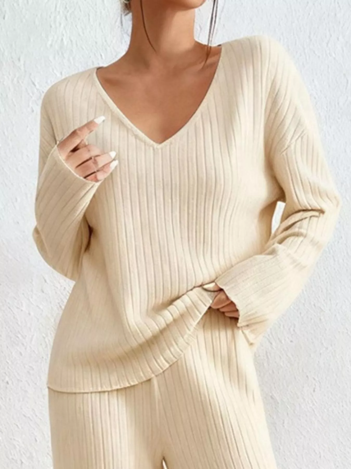 Ribbed Knit V-Neck Top and Pants Set - Image 5