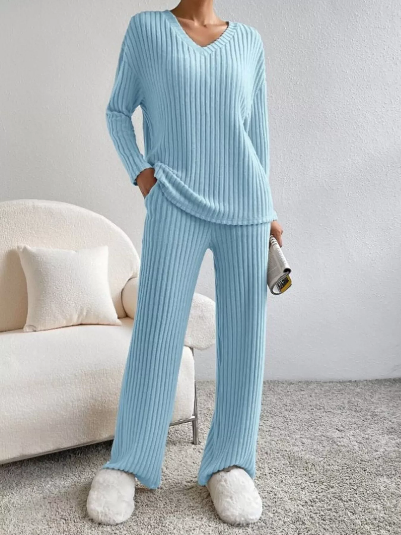 Ribbed Knit V-Neck Top and Pants Set - Image 21