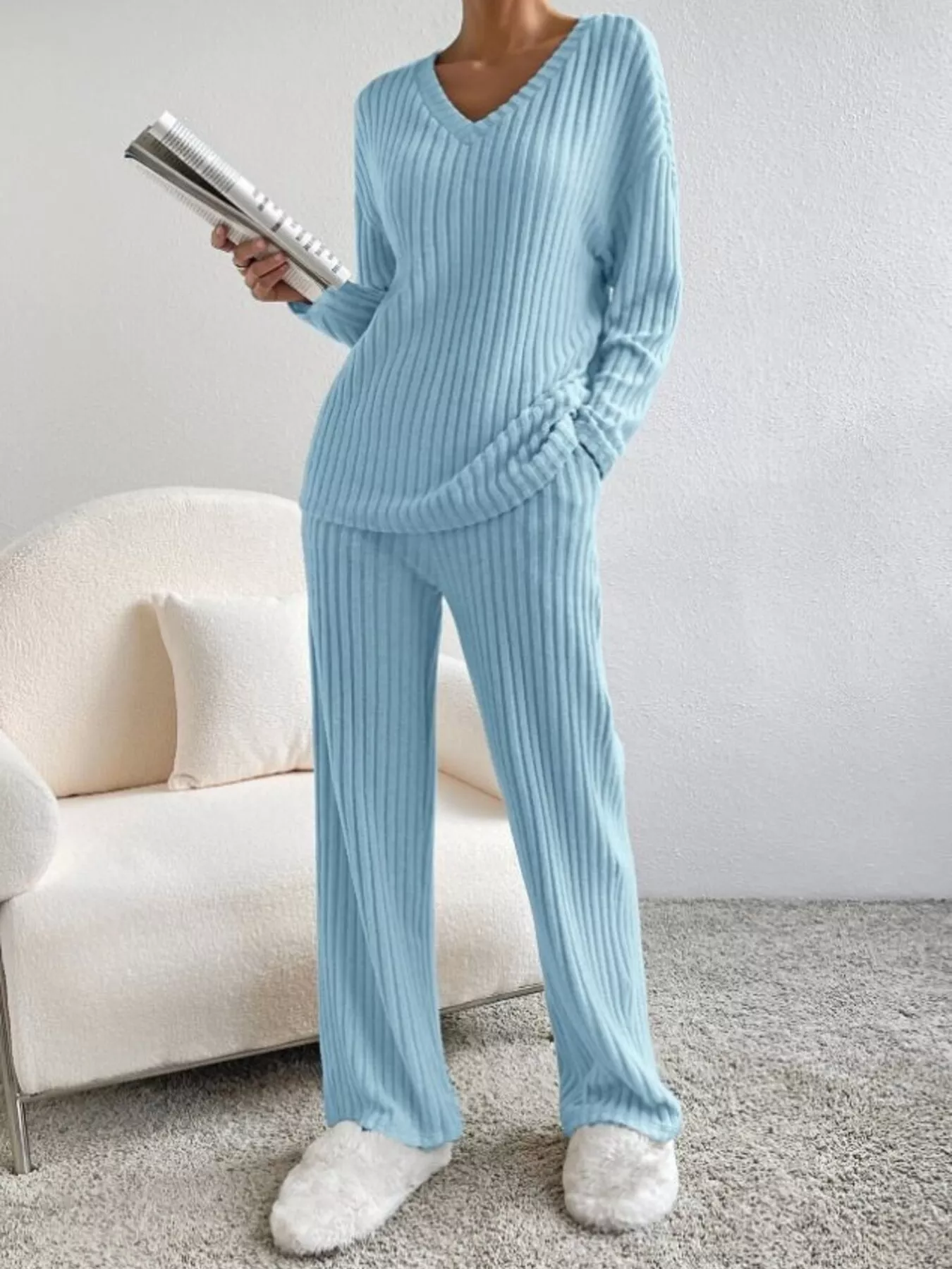 Ribbed Knit V-Neck Top and Pants Set - Image 22