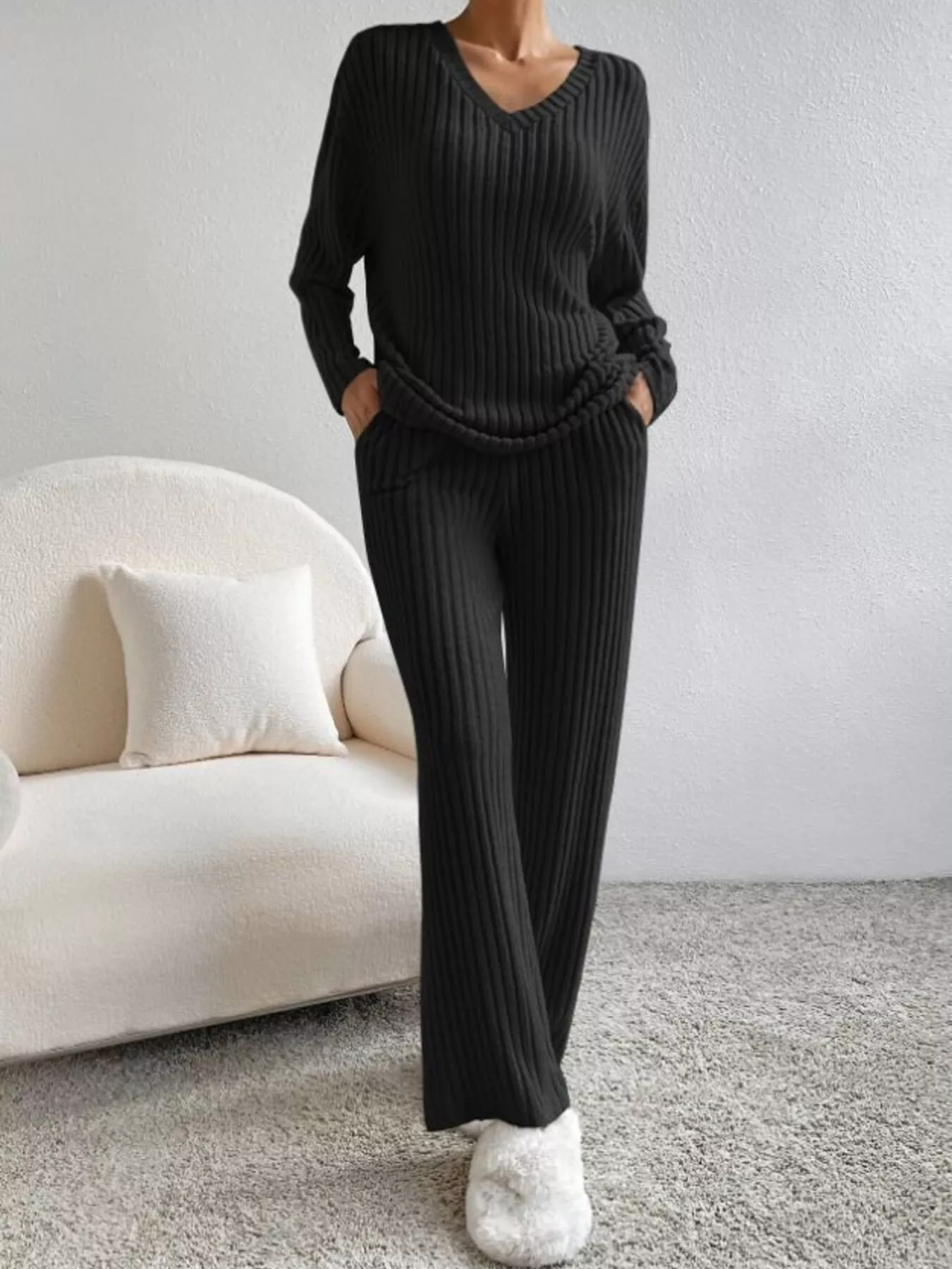 Ribbed Knit V-Neck Top and Pants Set - Image 8