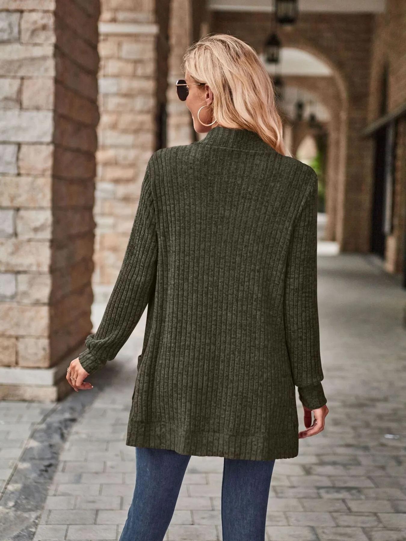 Ribbed Open Front Long Cardigan with Pockets - Image 17