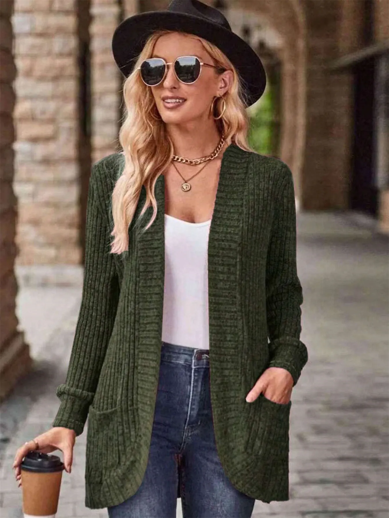 Ribbed Open Front Long Cardigan with Pockets - Image 18