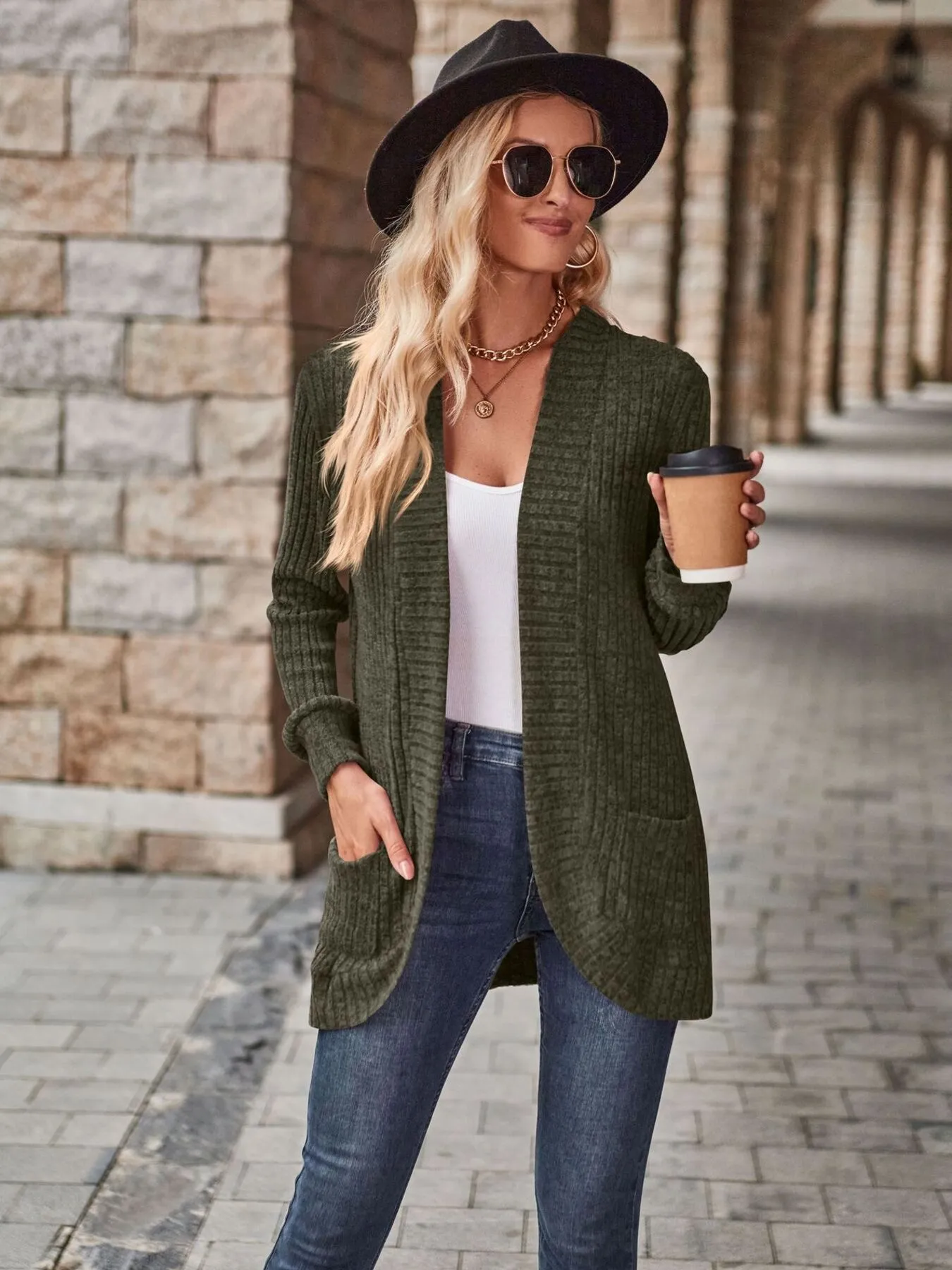Ribbed Open Front Long Cardigan with Pockets - Image 20
