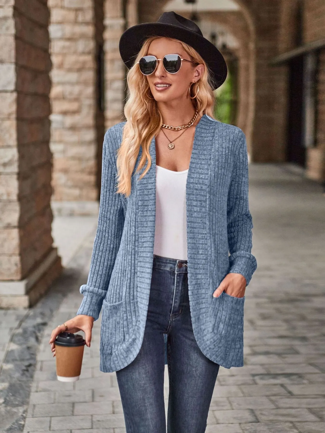 Ribbed Open Front Long Cardigan with Pockets - Image 25