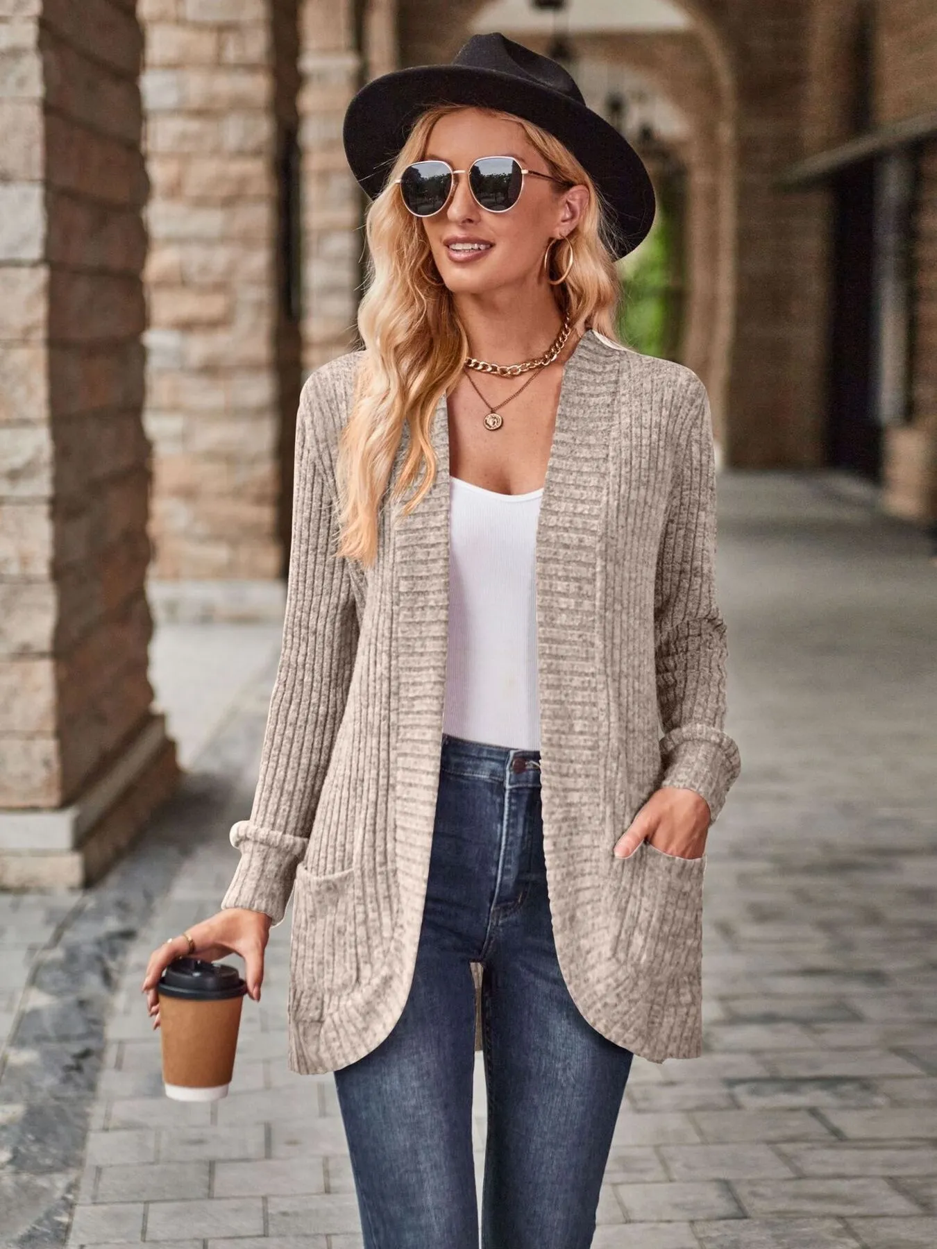 Ribbed Open Front Long Cardigan with Pockets - Image 4