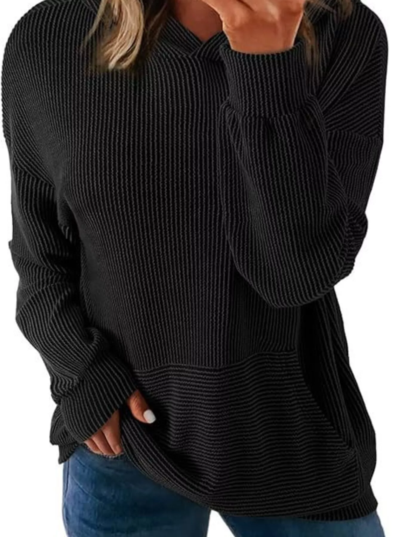 Ribbed Oversized Hoodie Sweatshirt with Pocket - Image 12
