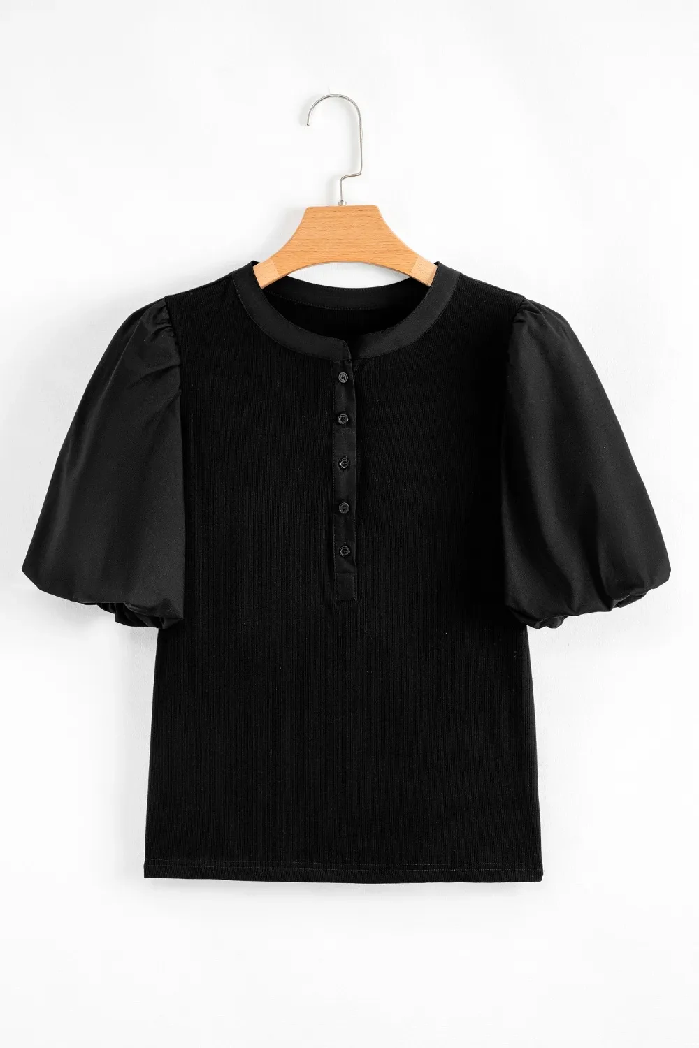 Ribbed Patchwork Puff Sleeve Half Button Placket Slim Fit Top - Image 6