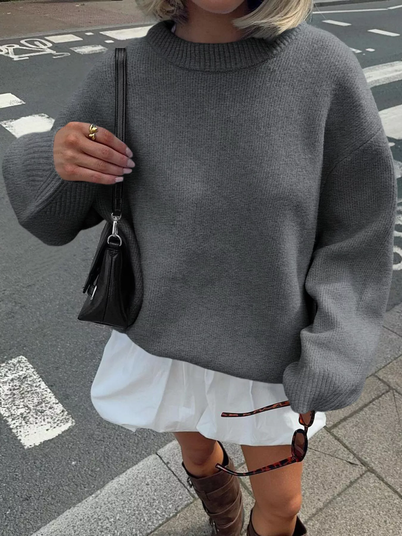 Ribbed Round Neck Dropped Shoulder Sweater - Image 3