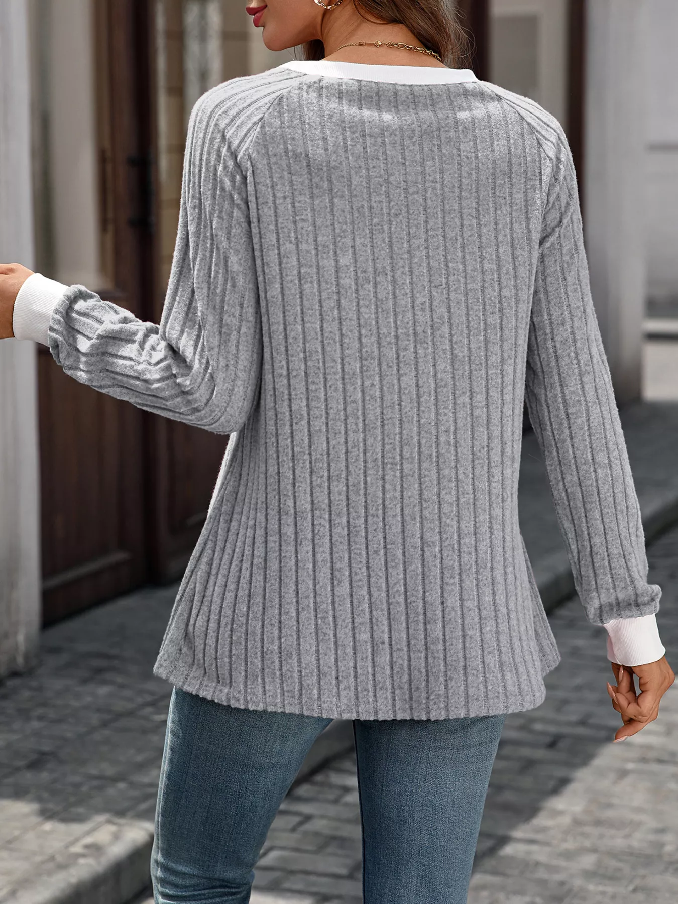 Ribbed Round Neck Raglan Sleeve Knit Top - Image 9