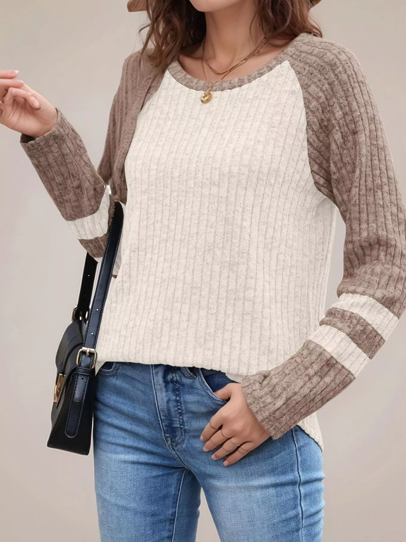 Ribbed Round Neck Raglan Sleeve Top - Image 16