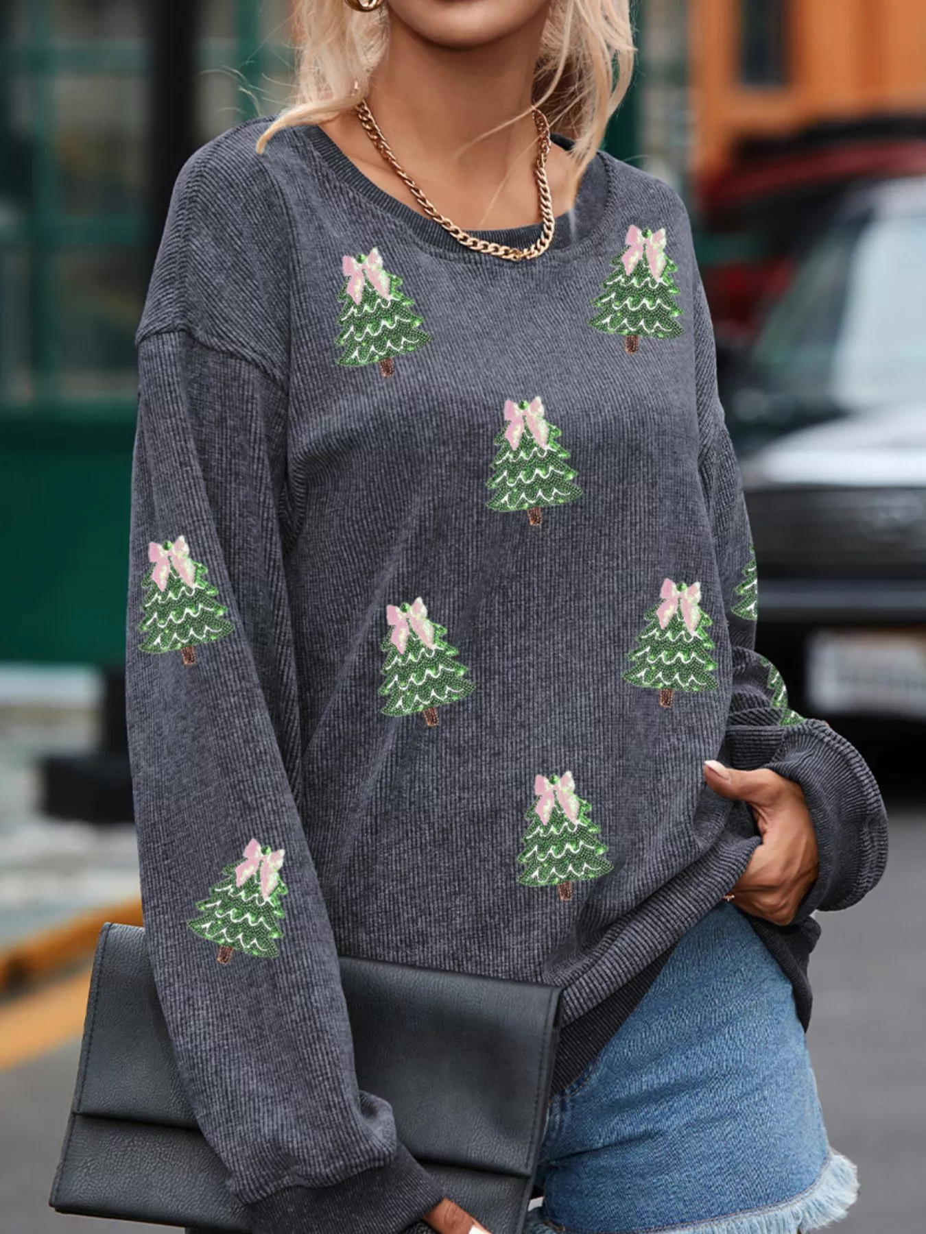 Ribbed Round Neck Sequin Christmas Tree Patched Baggy Sweatshirt - Image 2