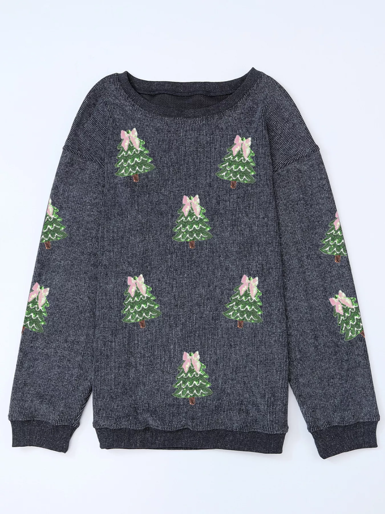 Ribbed Round Neck Sequin Christmas Tree Patched Baggy Sweatshirt - Image 4
