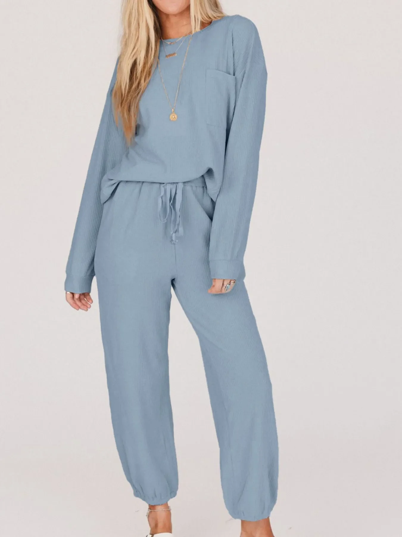 Ribbed Round Neck Sweatshirt and Drawstring Pants Set - Image 2