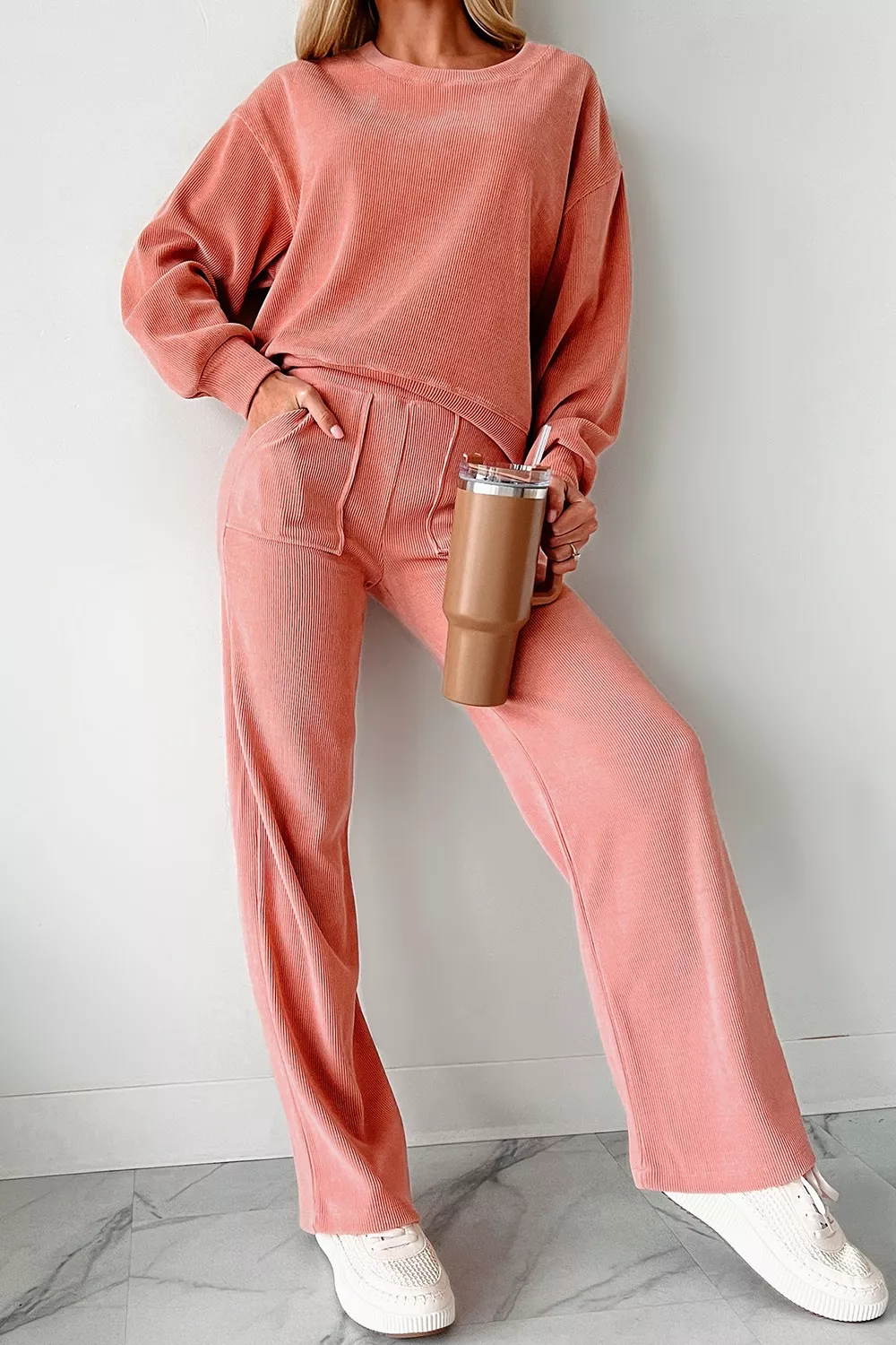 Ribbed Round Neck Top and Pants Set - Image 5
