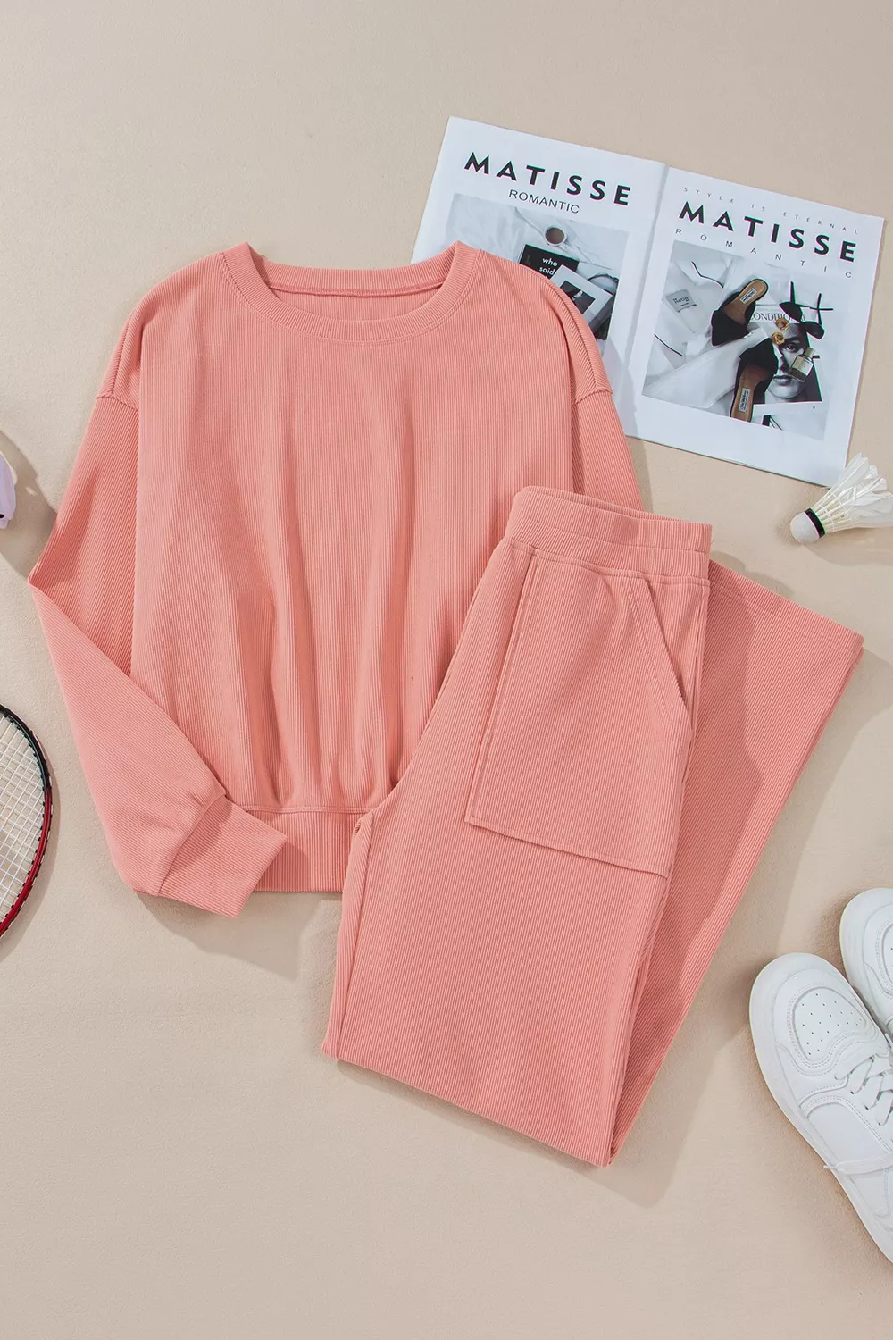 Ribbed Round Neck Top and Pants Set - Image 9