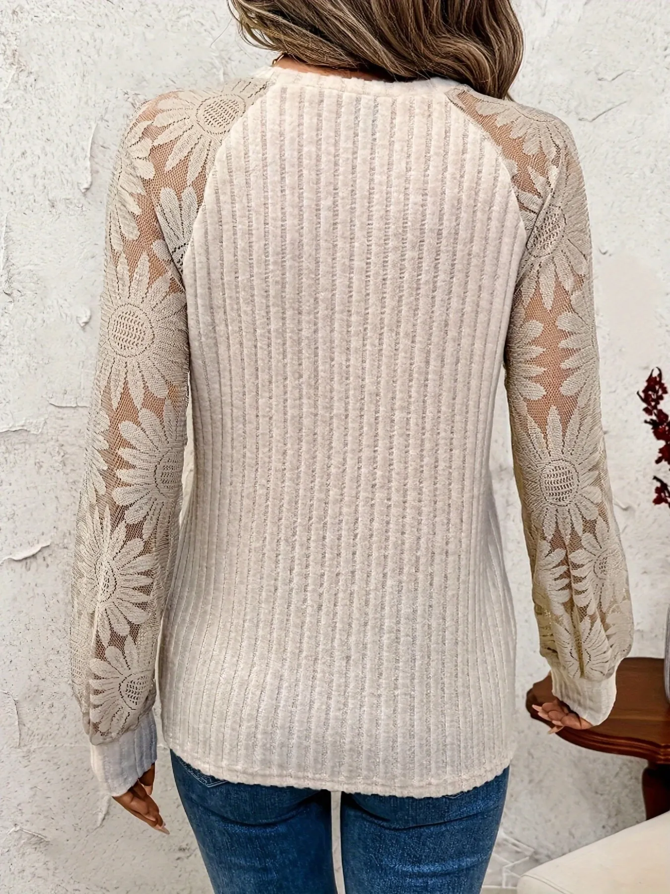 Ribbed Sheer Lace Sleeve Top - Image 5