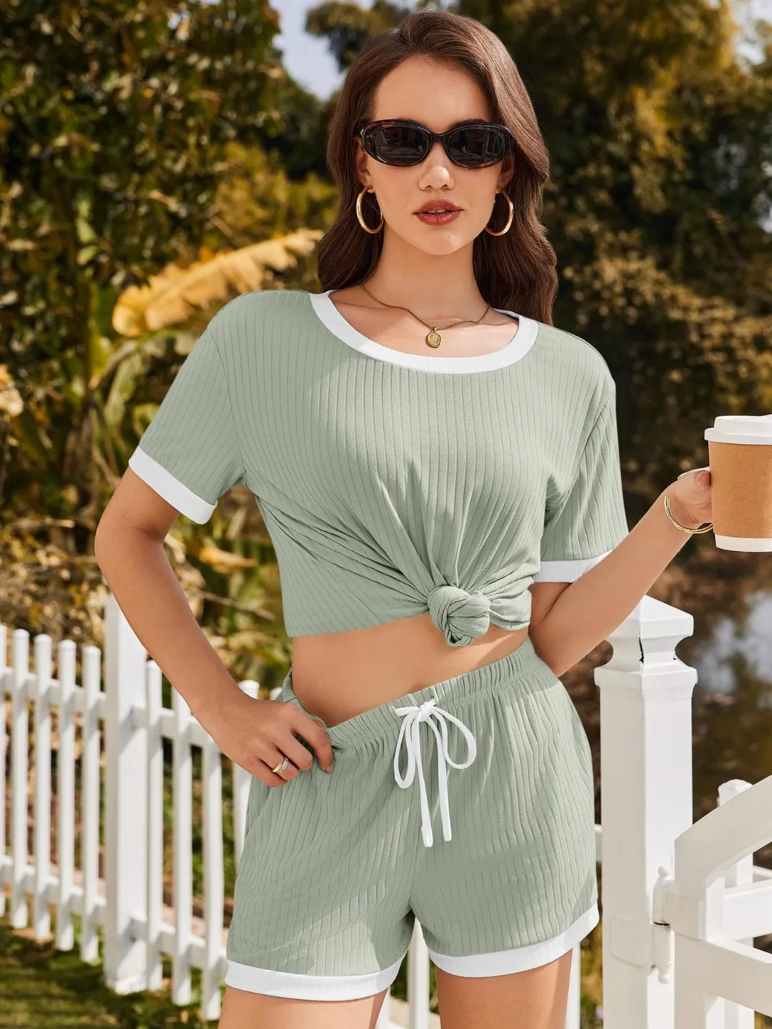 Ribbed Short Sleeve Top and Shorts Set
