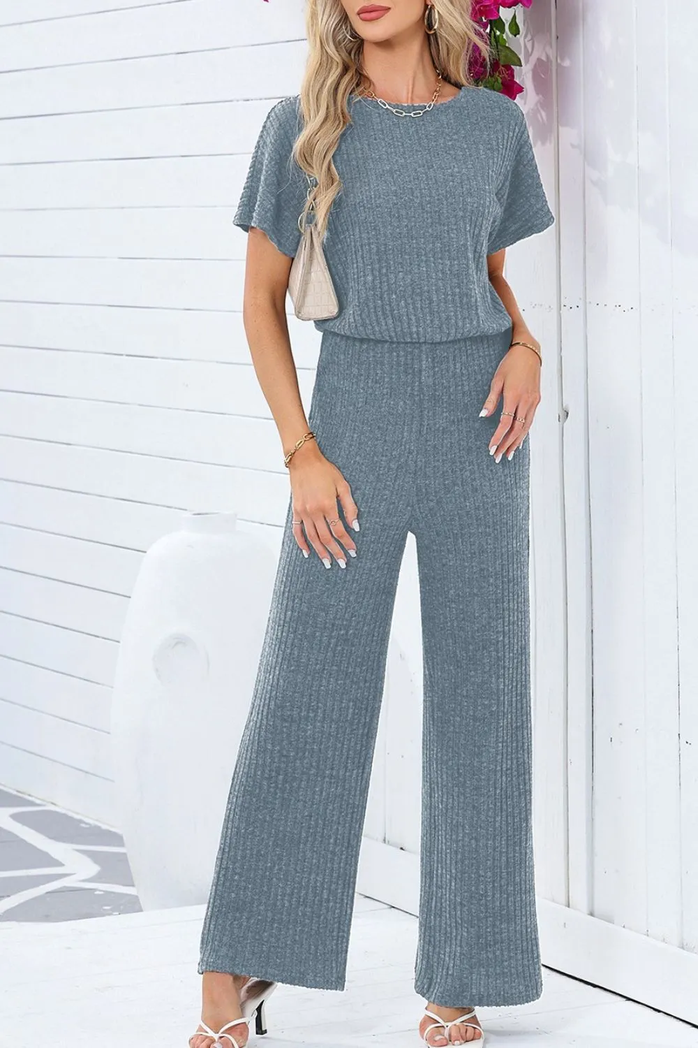 Ribbed Short Sleeve Wide Leg Jumpsuit - Image 10