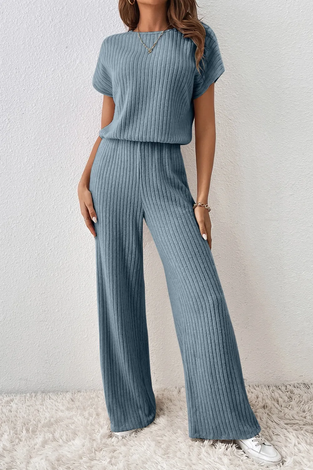 Ribbed Short Sleeve Wide Leg Jumpsuit - Image 14
