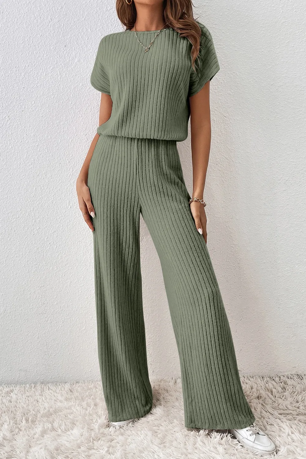 Ribbed Short Sleeve Wide Leg Jumpsuit - Image 4