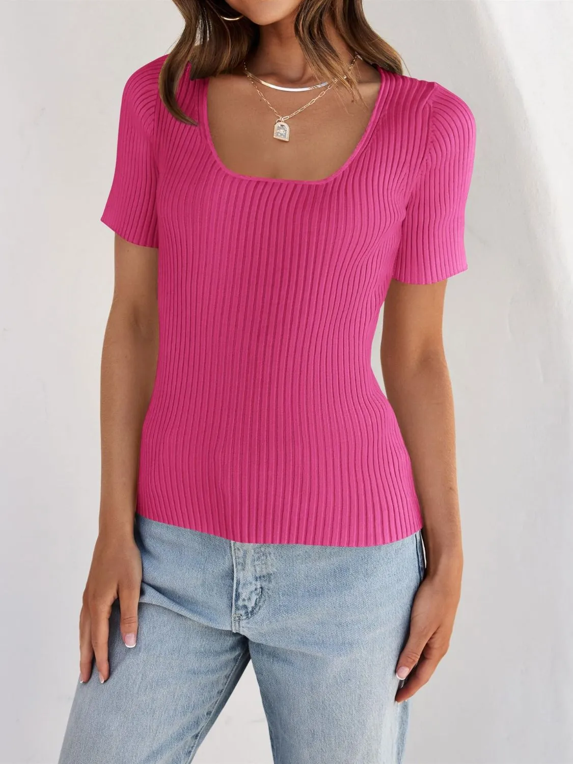 Ribbed Square Neck Short Sleeve Knit Top - Image 10