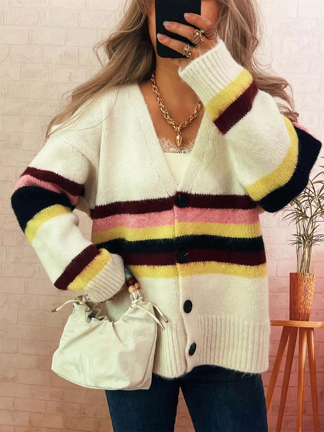 Ribbed Striped Button Down Cardigan - Image 3