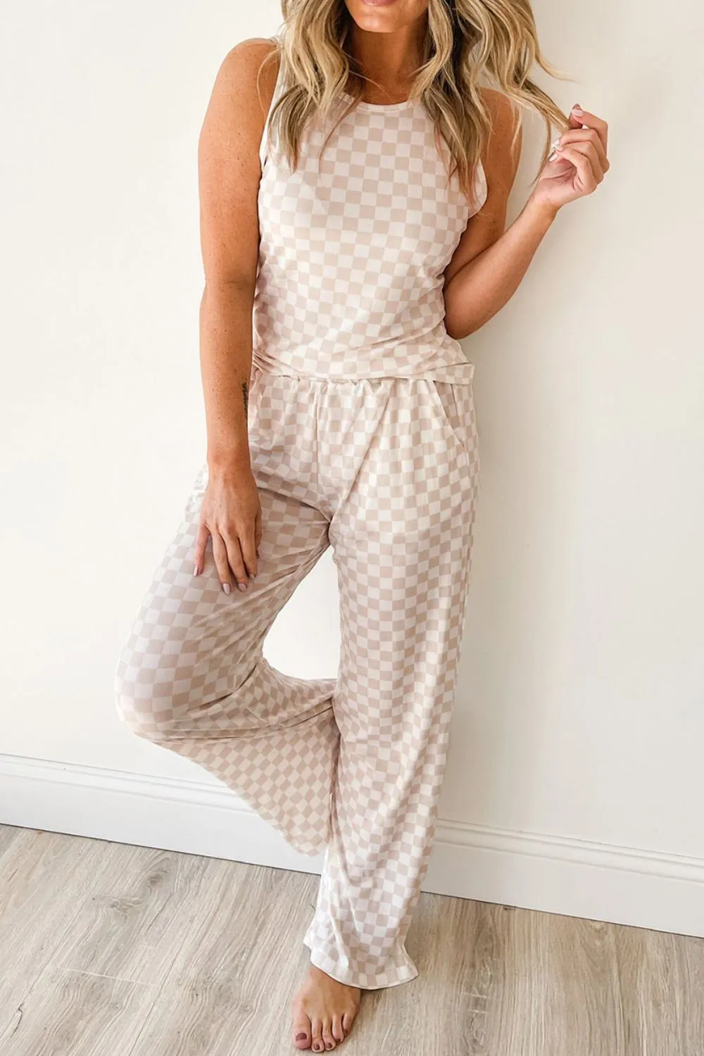 Ribbed Texture Checkered Print Tank and Pants Set - Image 2