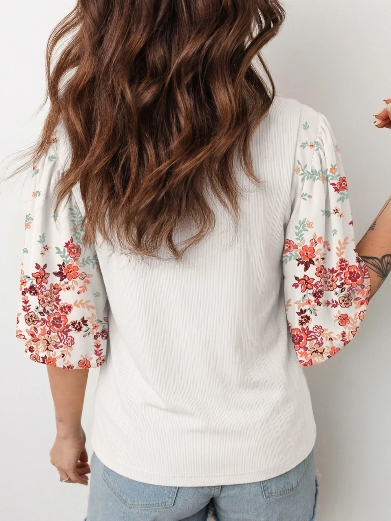 Ribbed Texture Floral Print Half Sleeve Patchwork Top - Image 3
