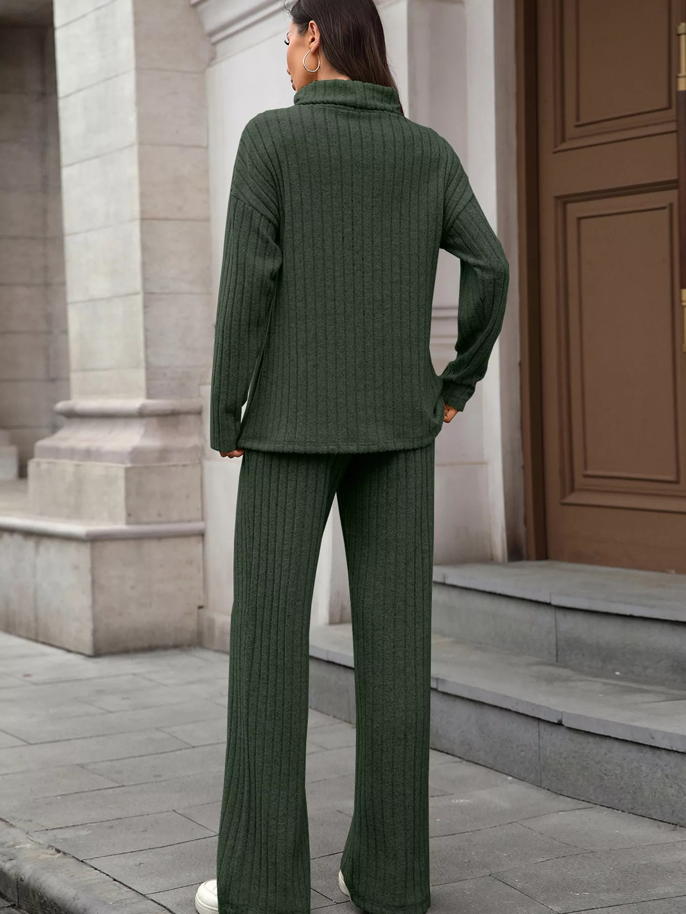 Ribbed Turtleneck Dropped Shoulder Top and Pants Sweater Set - Image 14